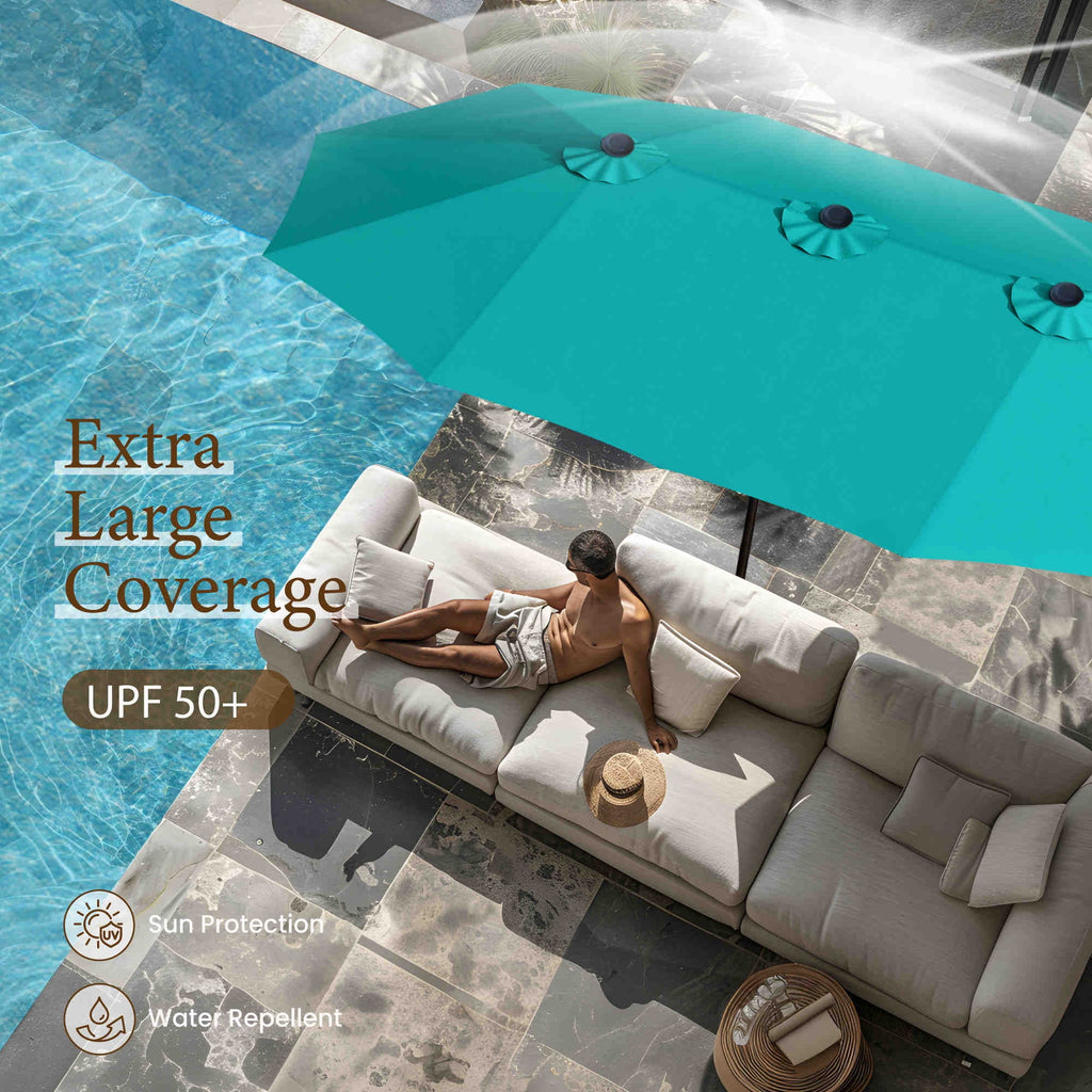 SUMMIT LIVING 15 ft Large Patio Umbrella with Base (Included) Double-Sided Rectangular Outdoor Deck Umbrella for Outside - Beige