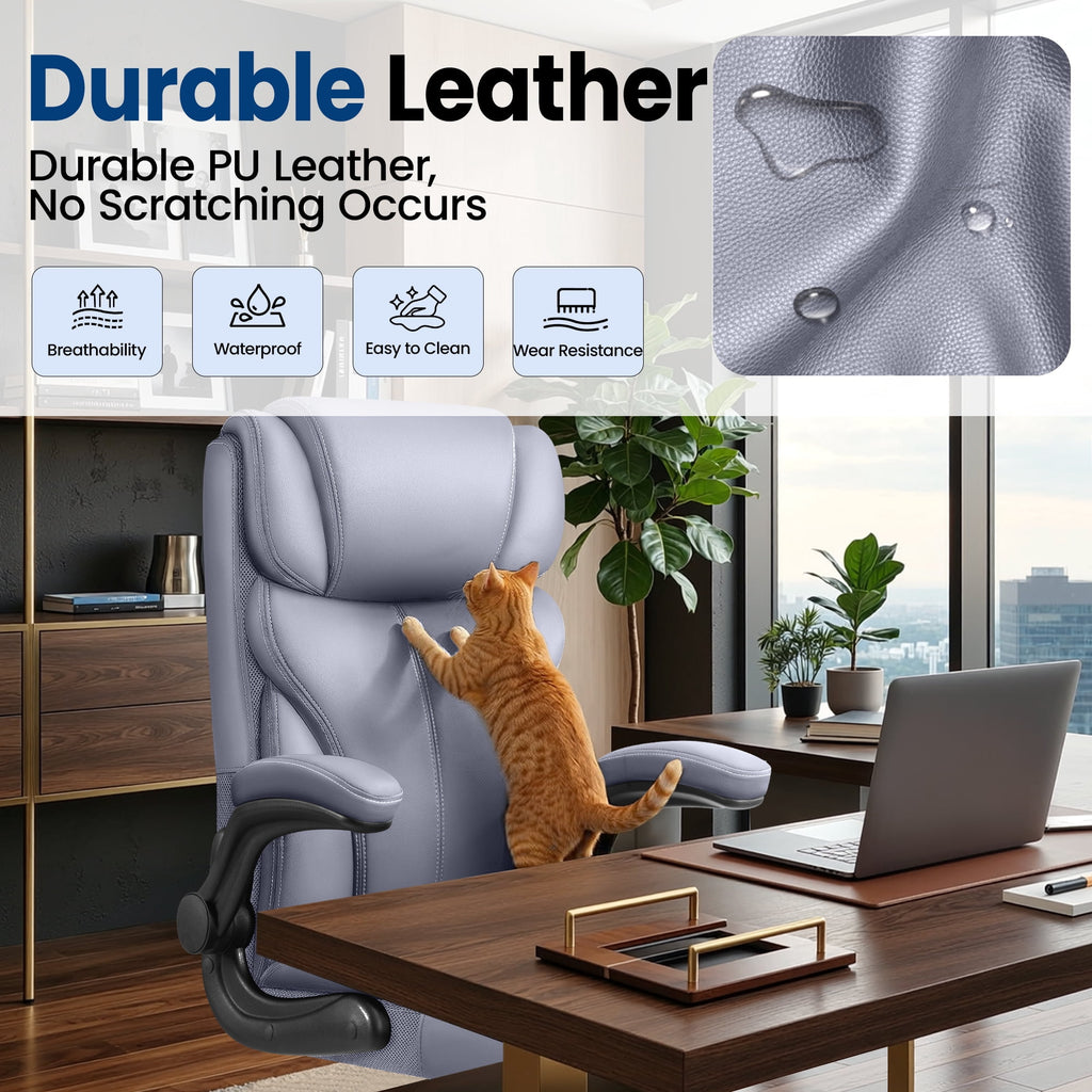 STACOO High Back Executive Office Chair 400lbs, Big and Tall Ergonomic Desk Chair with Lumbar Support & Flip-up Armrests, PU Leather Swivel Chair with Adjustable Height – Brown