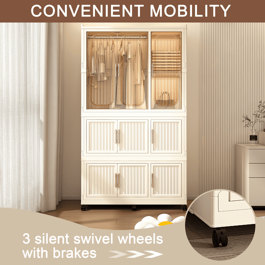 Garmic 62 Foldable Storage Wardrobe with Wheels, Portable Closet Organizer with 9 Magnetic Doors & 2 Hanging Rod, Plastic Armoire for Clothes Toys Books, White