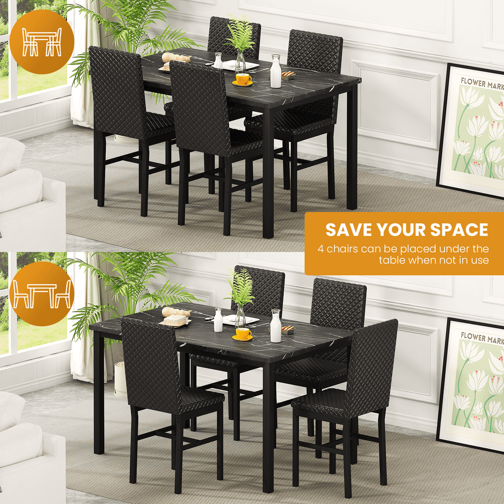 Cvortll 5 Piece Dining Table Set, Kitchen Table and Chairs Set for 4 with Faux Marble and 4 Velvet Upholstered Dining Chairs for Home, Restaurant, Black & Black
