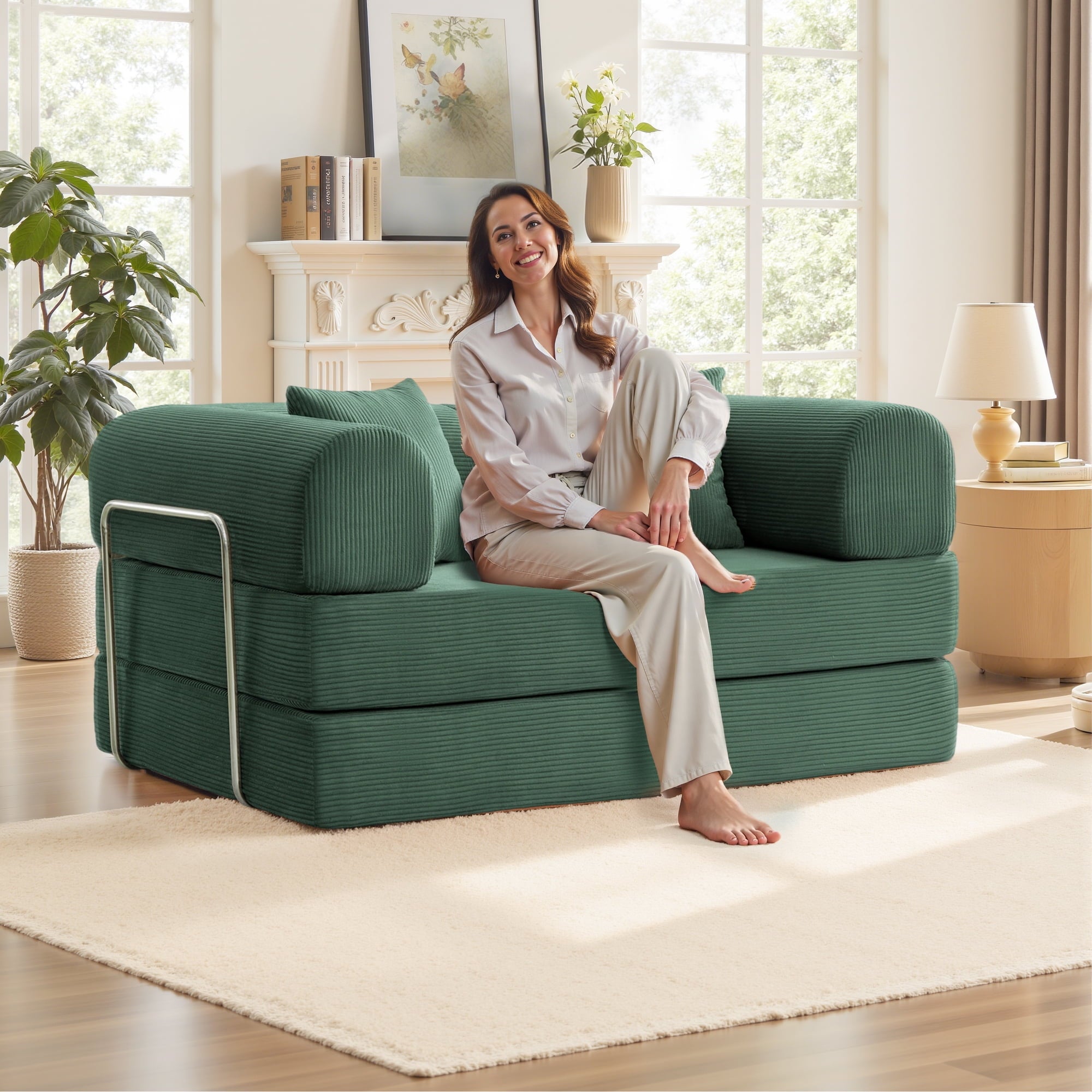 COOLHUT 63 W Combination Sofa, High Rebound Density Foam Sofa Couch, Two Forms Floor Couch Three Seats Sofa Bed for Living Room, Bedroom, Green