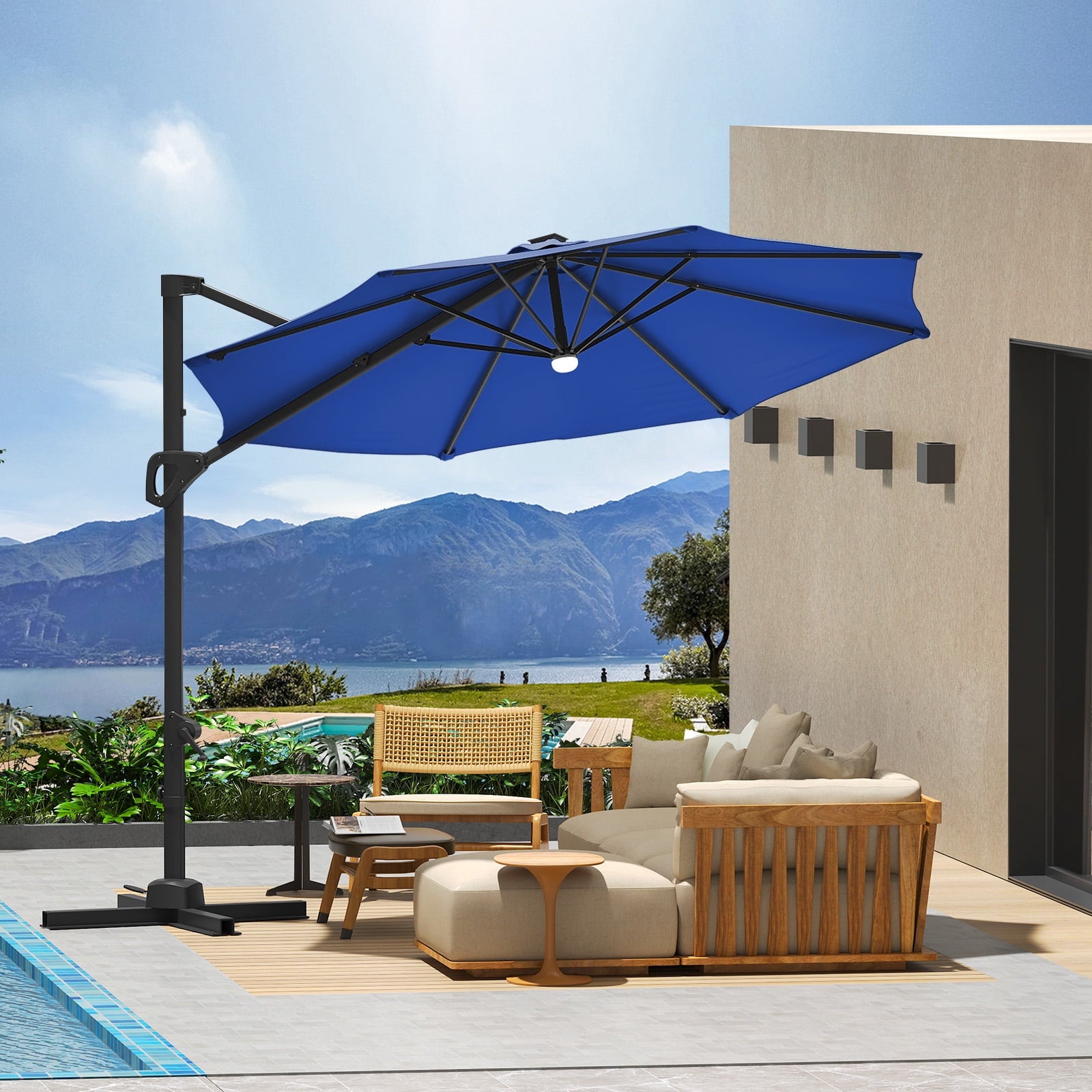 360° Rotating Cantilever Patio Umbrella – Heavy-Duty Waterproof Oxford Canopy, Adjustable Tilt, Rust-Proof Aluminum Frame, Easy Crank, Cross Base – Large Sun Shade for Garden, Poolside, Patio – Grey