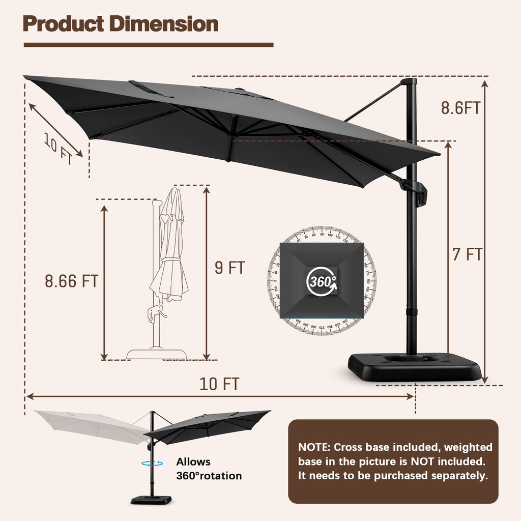 COBIZI 10x10ft Patio Cantilever Umbrella Double Roof Large Rectangular Deck Offset Umbrellas, Square Outdoor Patio Umbrella with 360°Rotation & Heavy-Duty Aluminum Frame,for Poolside Garden,Beige