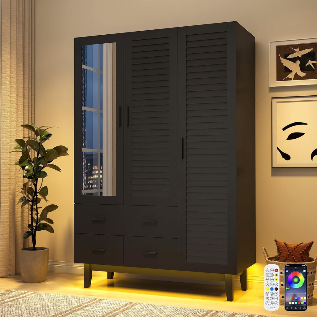 Blotout 70 Armoire Wardrobe Closet with Mirror & LED Lights, LED White Louver Door Wardrobe Armoire with 3 Drawers & Hanging Rods, Large 3 Doors Armoire Storage with Multi-Layer Shelves