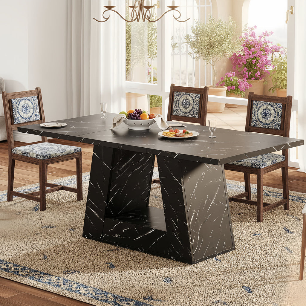 Modern Faux Marble Dining Table, 63 Rectangular 4-6 Seater Wood Table with Sturdy Base, Kitchen Living Room Dinner Table