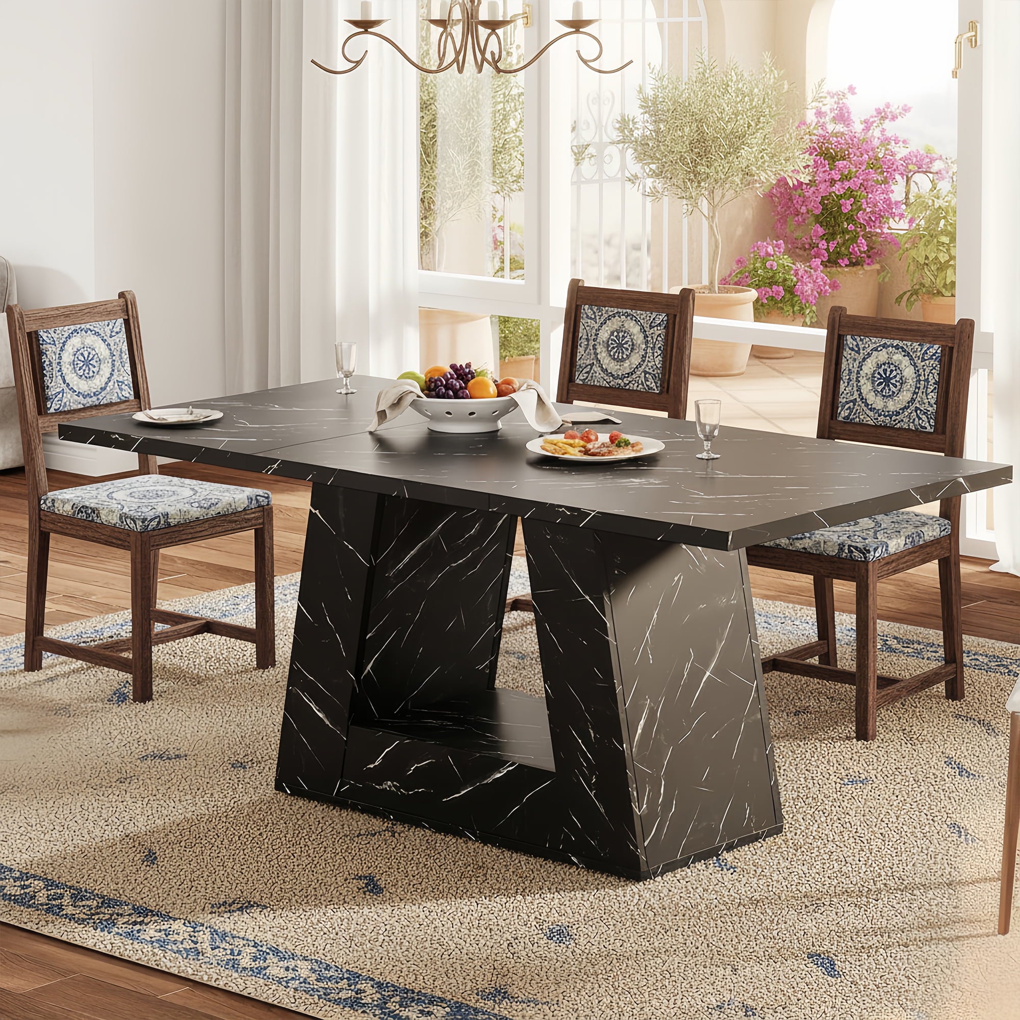 Modern Faux Marble Dining Table, 63 Rectangular 4-6 Seater Wood Table with Sturdy Base, Kitchen Living Room Dinner Table