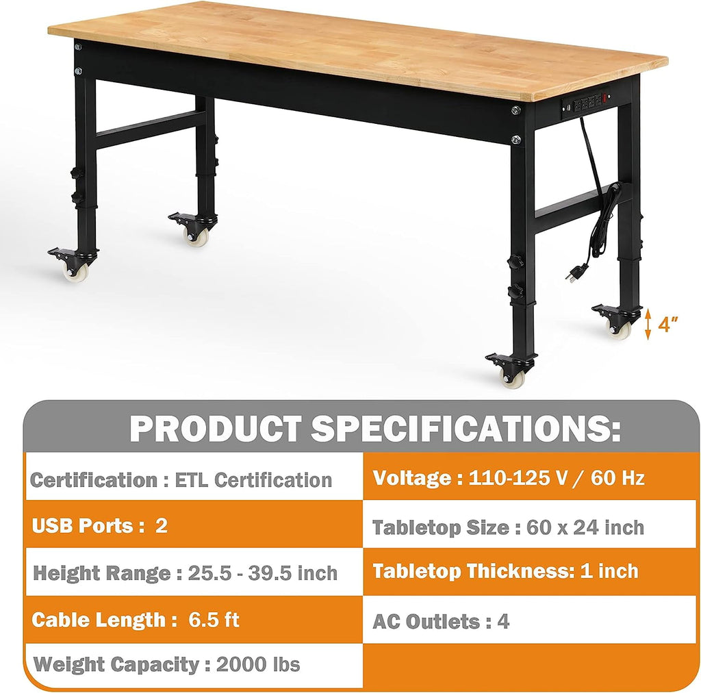 Tolead 60 Heavy-Duty Adjustable Workbench with Power Outlets, Rubber Wood Shop Table, Metal Wheels, Workstation