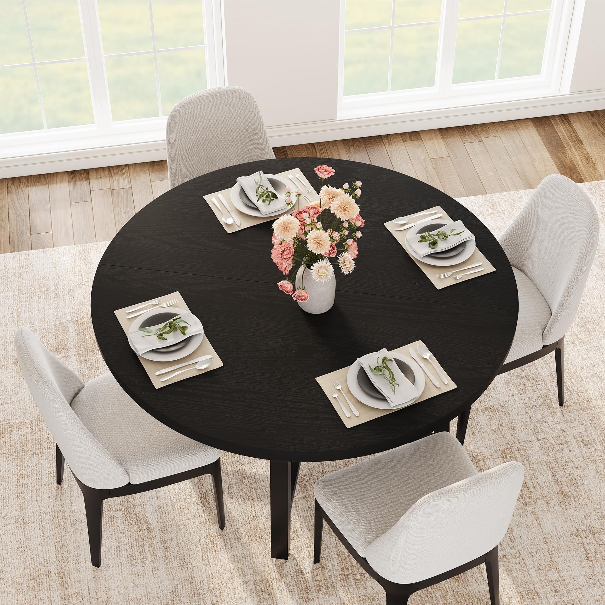 31.5 Round Dining Table for 4 People, Modern Wood Circle Kitchen Table with Sturdy Industrial Metal Frame, Small Space Saving Dining Room Table for Apartment & Breakfast Nook, (No Chairs), Walnut