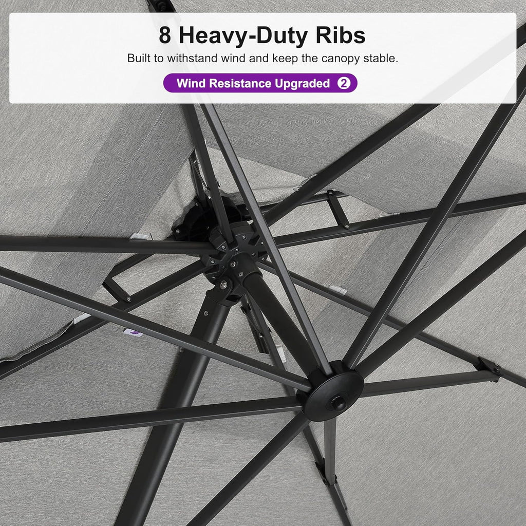 PURPLE LEAF Cantilever Umbrellas 12FT Square Large Patio Umbrella Offset Umbrella with 360°Rotation Tilting And Hanging Double Top, Grey
