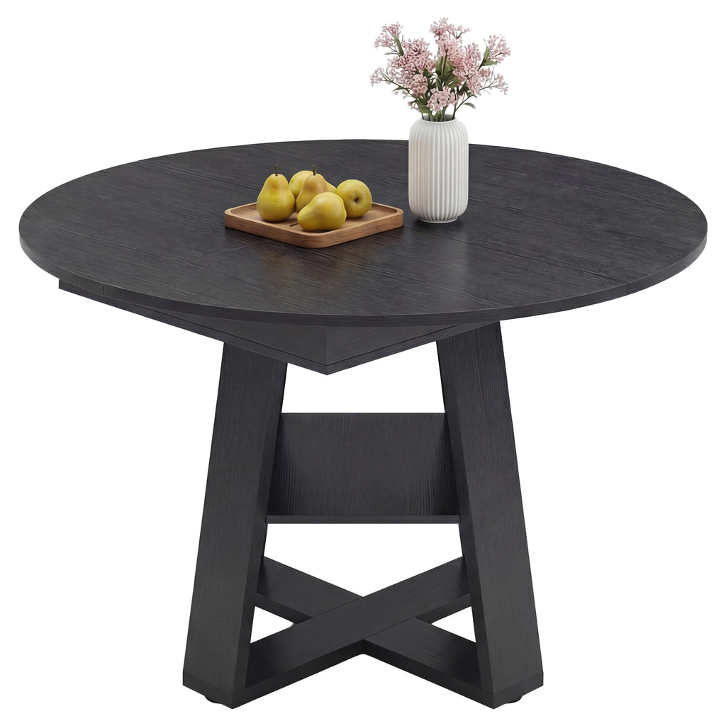 EDX 43.3″–59″ Extendable Round Dining Table for 4-8, Modern Oval Dining Table with Removable Leaves, Wooden Kitchen Table with Storage Shelf Base, Space Saving for Kitchen Living Room, Black