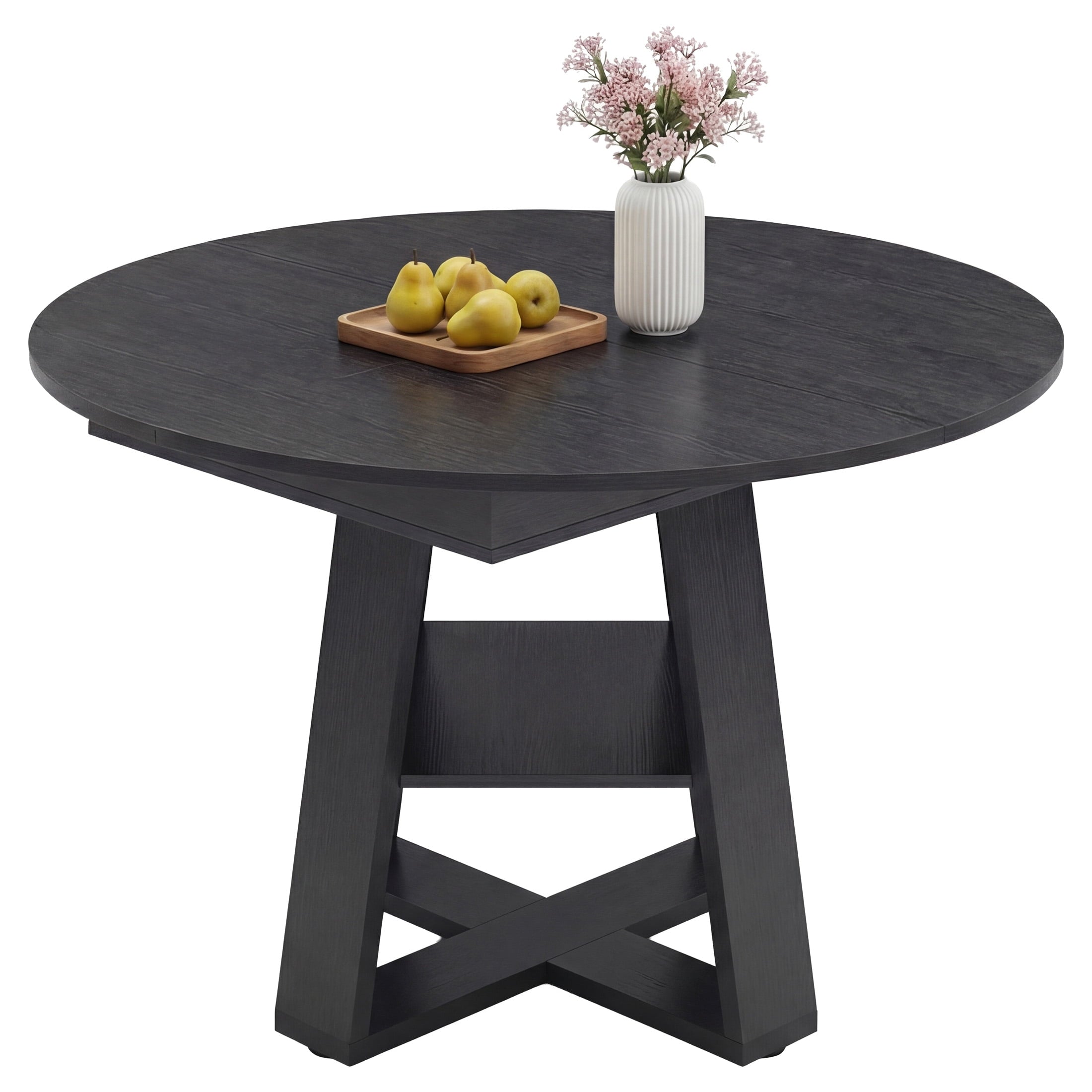 EDX 43.3″–59″ Extendable Round Dining Table for 4-8, Modern Oval Dining Table with Removable Leaves, Wooden Kitchen Table with Storage Shelf Base, Space Saving for Kitchen Living Room, Black