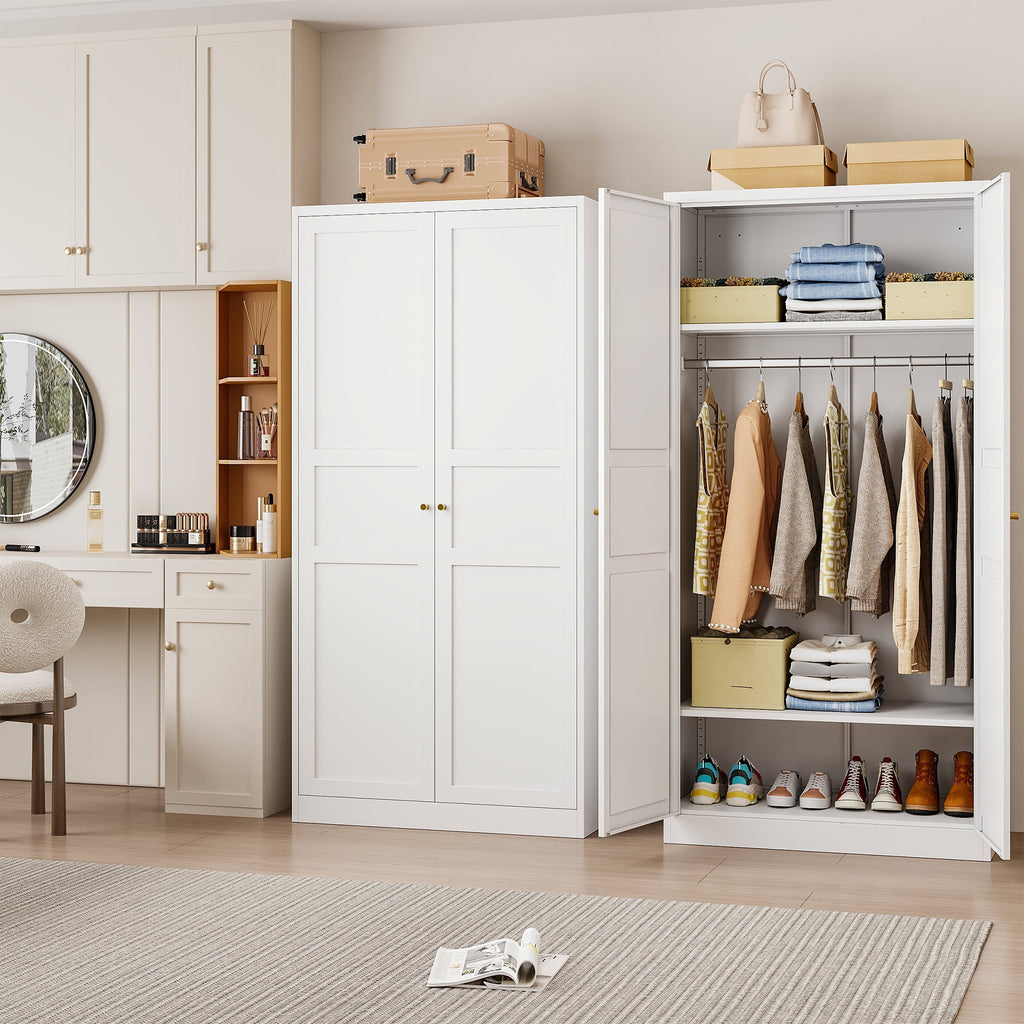 STANI Metal Wardrobe Closet with Hanging Rod, 72 White Armoire Wardrobe Cabinet with Adjustable Shelves, Clothes Storage Organizer Cabinets for Bedroom, Bathroom, Office