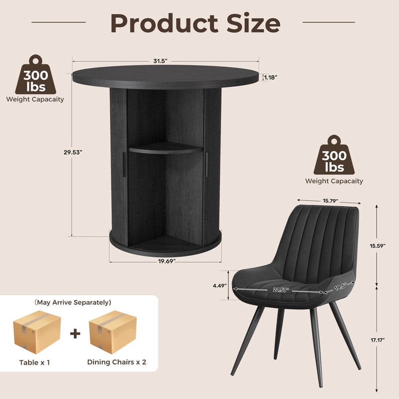 Hawsaiy 3-Piece Dining Table Set for 2, 31.5 Round Dining Table Set with 2 Upholstered Dining Chairs, Modern Farmhouse Table Set for Dining Room (Black+Black)