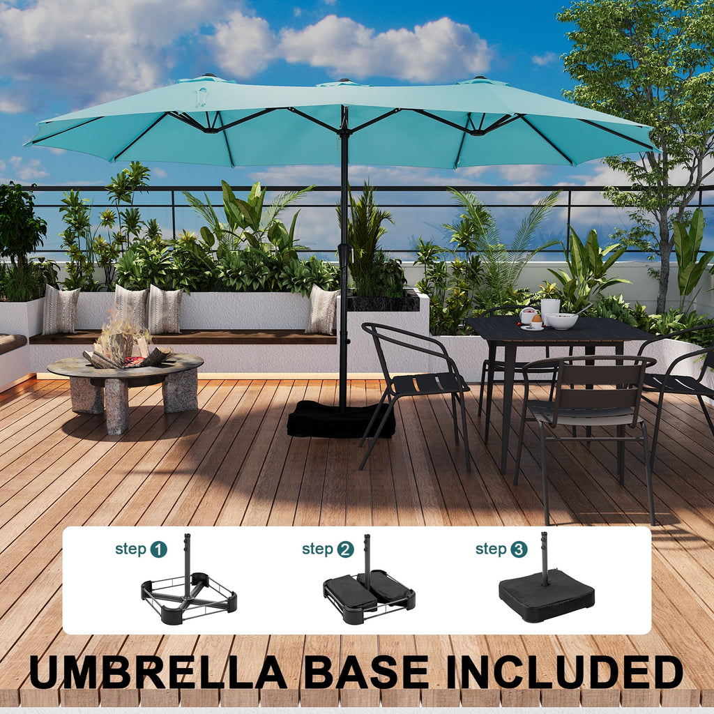 Ainfox 15ft Large Patio Umbrella with Solar Lights, Double-Sided Outdoor Rectangle Table Umbrellas with Sand Bag Base，Beige