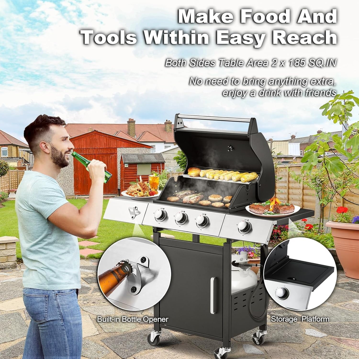 MELLCOM Upgraded 36,000 BTU Stainless Steel Burner Barbecue Grill, 3 Burner BBQ Propane Gas Grill with Cast Iron Grates & Side Stove for Patio, Camping, Outdoor Cooking