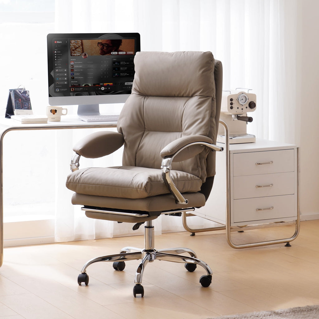 LEAGOO Reclining Office Chair with Foot Rest, Executive Office Chairs with Arms, Ergonomic High Back PU Leather Comfy Swivel Computer Desk Chairs with Wheels and Lumbar Support for Home Office, White