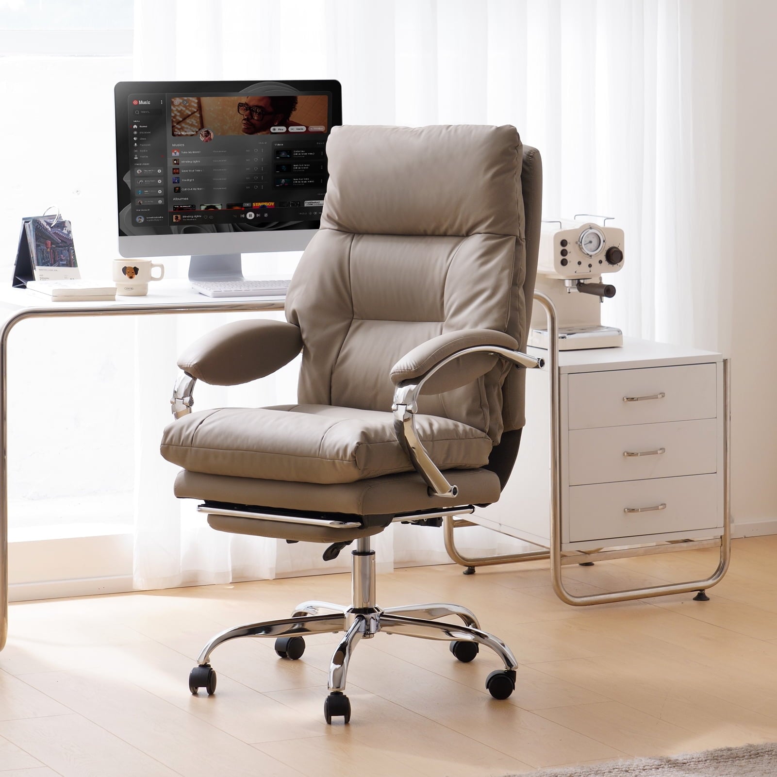 LEAGOO Reclining Office Chair with Foot Rest, Executive Office Chairs with Arms, Ergonomic High Back PU Leather Comfy Swivel Computer Desk Chairs with Wheels and Lumbar Support for Home Office, White