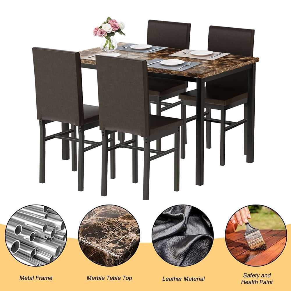5 Piece Dining Table Set, Modern Faux Marble Tabletop and 4 PU Leather Upholstered Chairs, Rectangle Kitchen Table and Chairs for 4 Persons, Small Dining Set for Bar Dining Room Breakfast Nook
