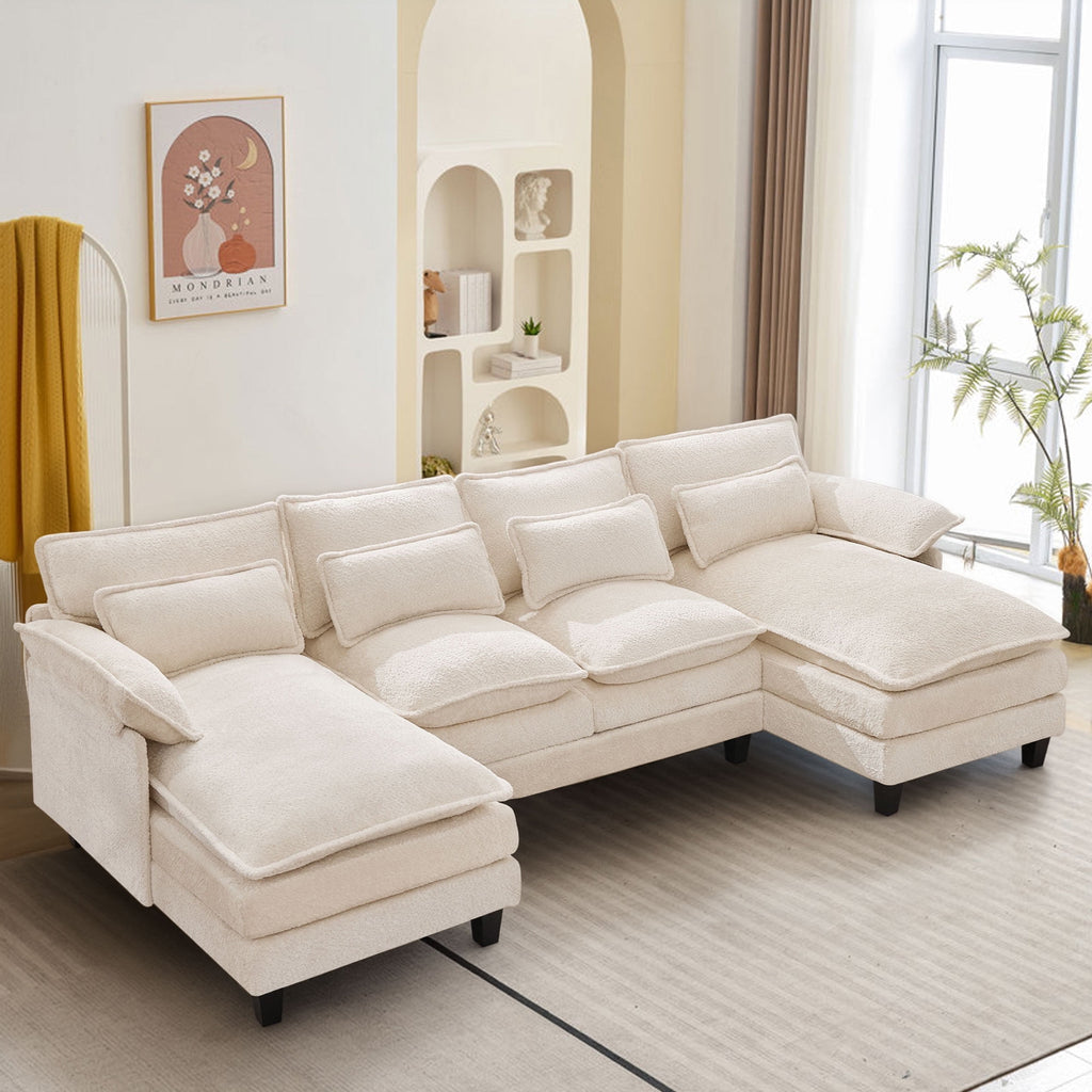 JONPONY109.45 U Shaped Couch,Oversized 4 Seat Sectional with 4 Waist Pillows, Convertible Upholstery Symmetrical Sofá,Sleeper Sofa Couch with Double Chaise Lounge &Memory Foam for Living Room, Beige
