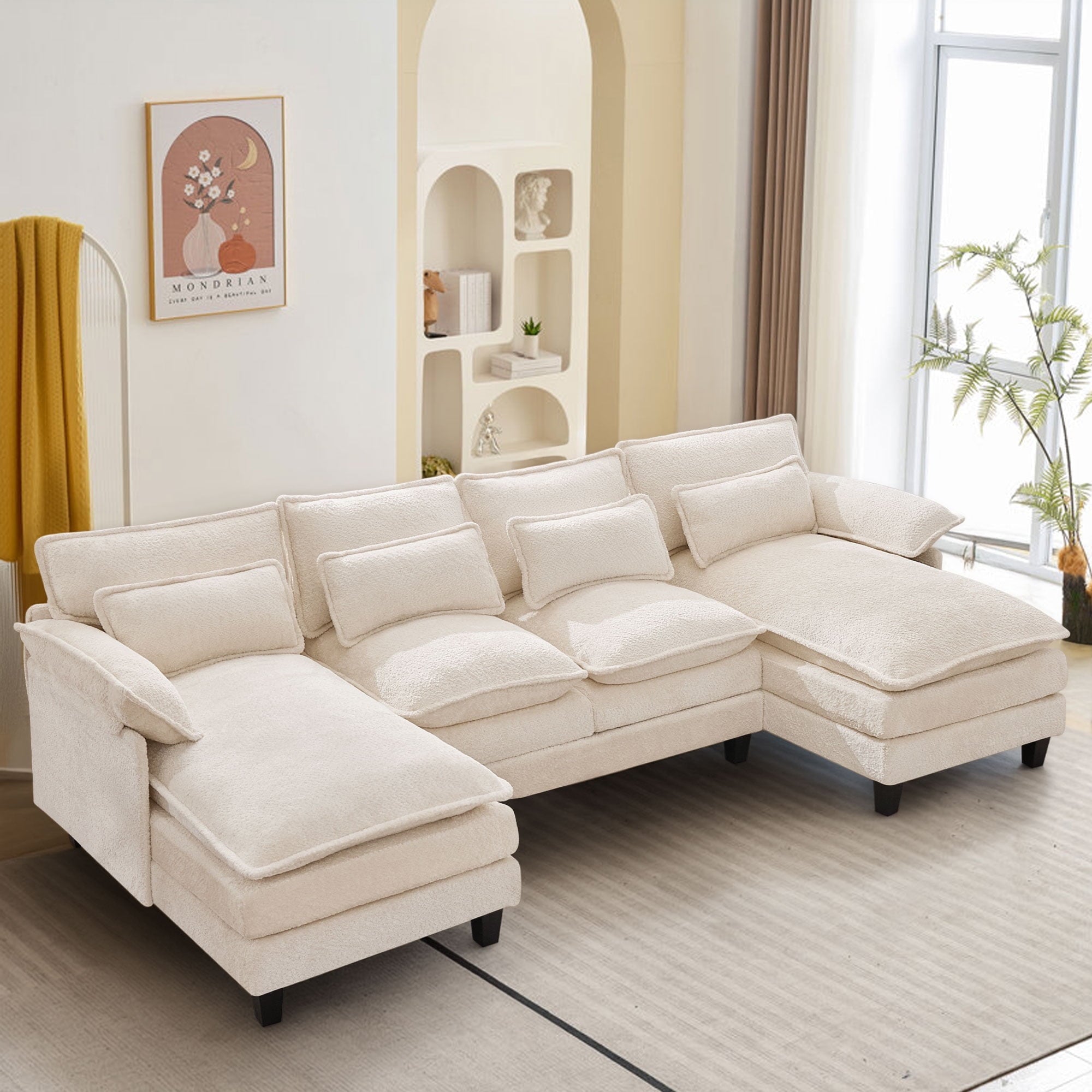 JONPONY109.45 U Shaped Couch,Oversized 4 Seat Sectional with 4 Waist Pillows, Convertible Upholstery Symmetrical Sofá,Sleeper Sofa Couch with Double Chaise Lounge &Memory Foam for Living Room, Beige