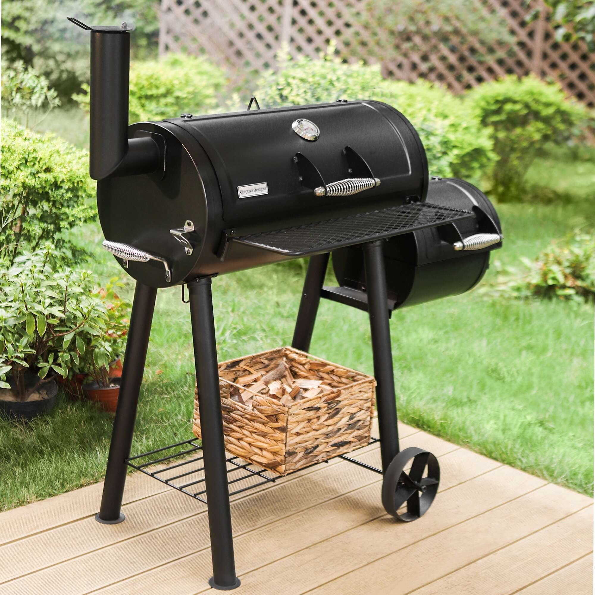 PHI VILLA 28 Charcoal Grill with Offset Smoker Black