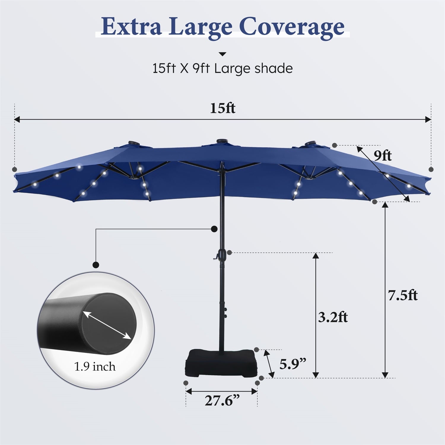 SUMMIT LIVING 15 FT Double-Sided Solar Patio Umbrella with Base Large Outdoor Umbrella with LED Solar Lights - Haze Blue