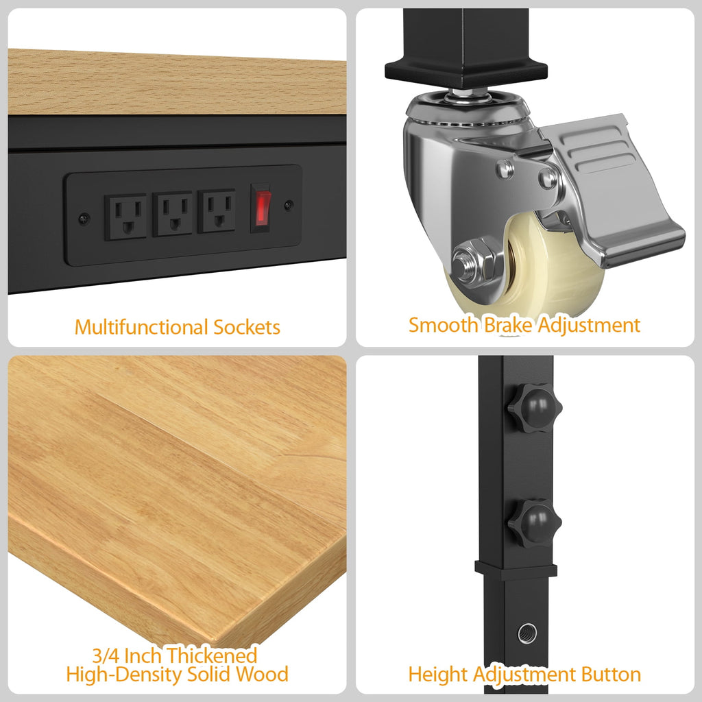 60 Adjustable Workbench,Heavy-Duty Work Table,3000 LBS Load Capacity Hardwood Workstation Outlets with Power strips and Wheels,for Workshop, Garage