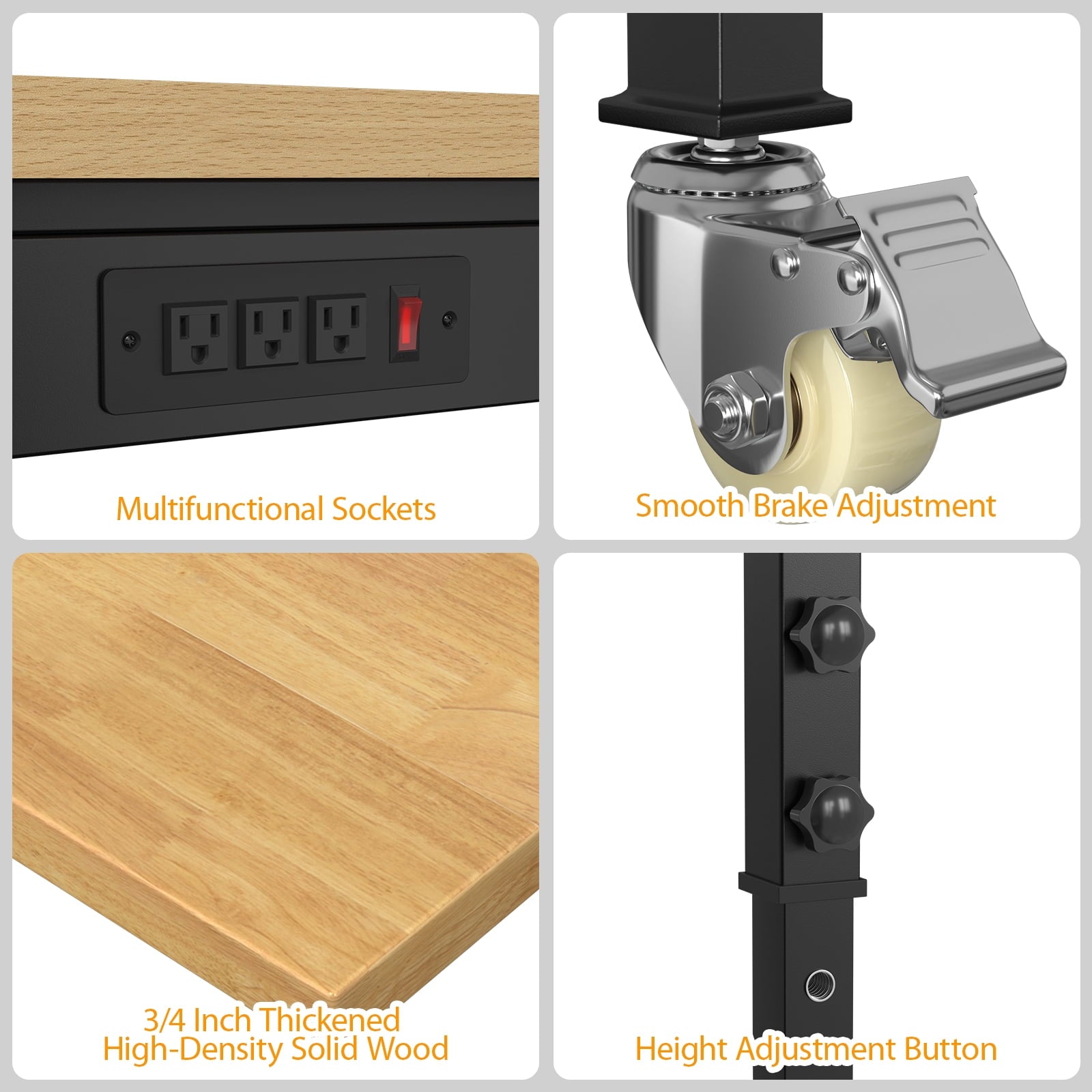 60 Adjustable Workbench,Heavy-Duty Work Table,3000 LBS Load Capacity Hardwood Workstation Outlets with Power strips and Wheels,for Workshop, Garage