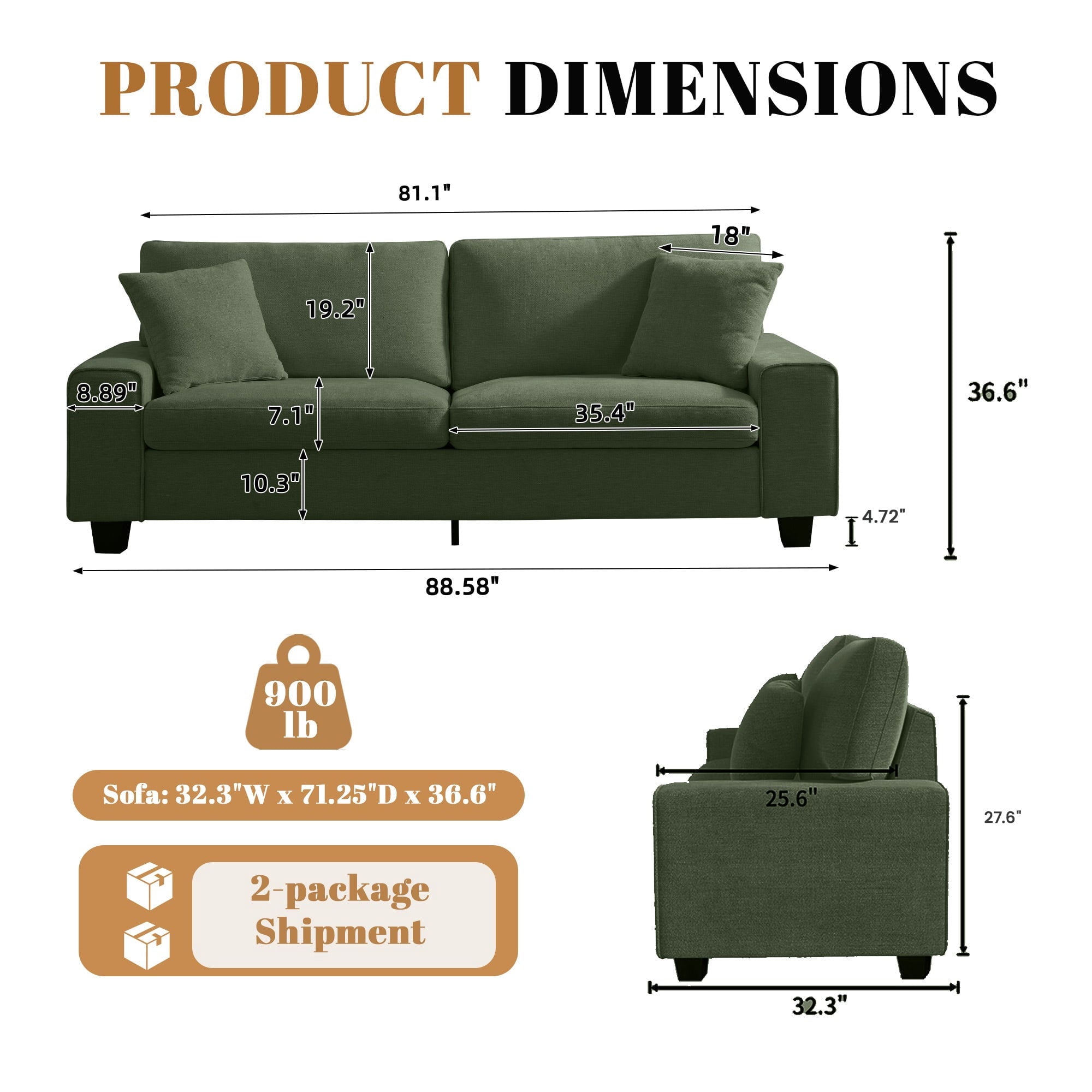 Poshby 71.25''W Loveseat 2 Seater Couch Sofa with Chenille Material, Modern for Living Room, Beige