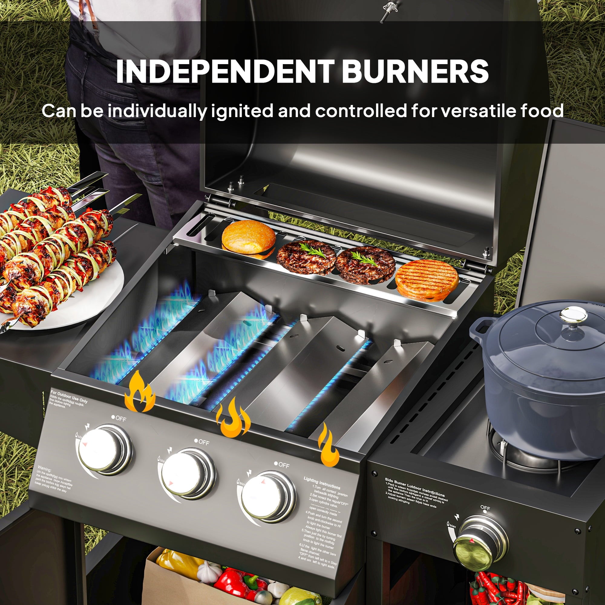 Outsunny 3 Burner Gas Grill with Side Burner, 9.5 KW Output, 310 Sq. in. Cooking Area, Cabinet Style Propane BBQ Grill with Shelves, Black