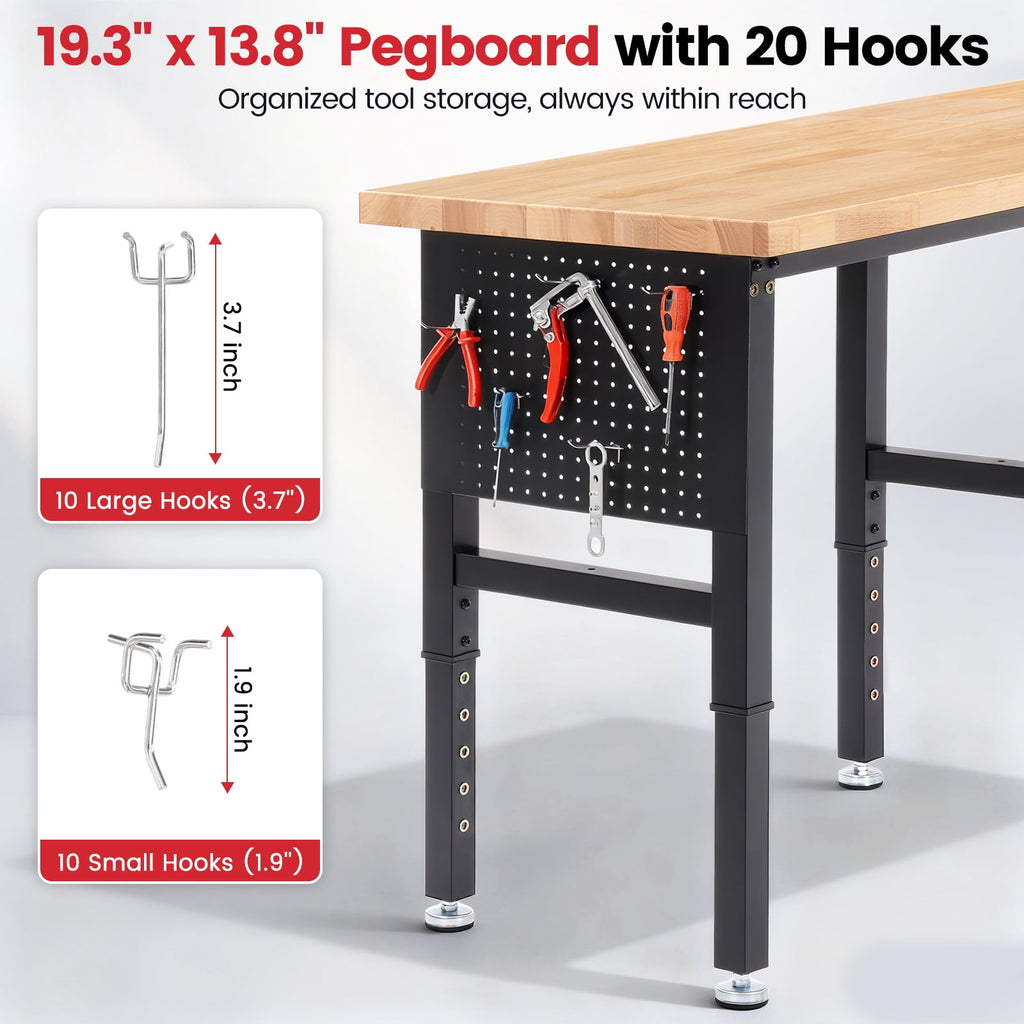 Workbench for Garage,ENJOYWOOD Heavy Duty 84 inch Wood Work Bench with Power Outlets and Peoboards,Rubber Wood Tabletop,5000 LBS Load Bearing Workstation Garage Desk Work Table