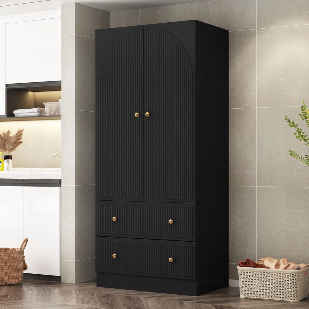 Wirrytor Freestanding Wooden Armoire Wardrobe with 2 Woven Doors and Storage Drawers, Space-Saving Closet Cabinet for Bedroom, Sturdy Mdf Board Closet with Hanging Rail