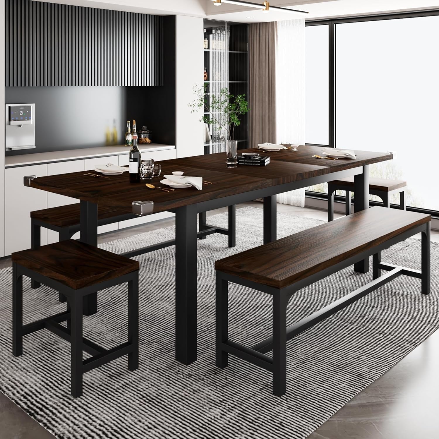 iPormis 5-Piece Dining Table Set for 4-8 People, Extendable Kitchen Table Set with 2 Benches and 2 Square Stools, Espresso
