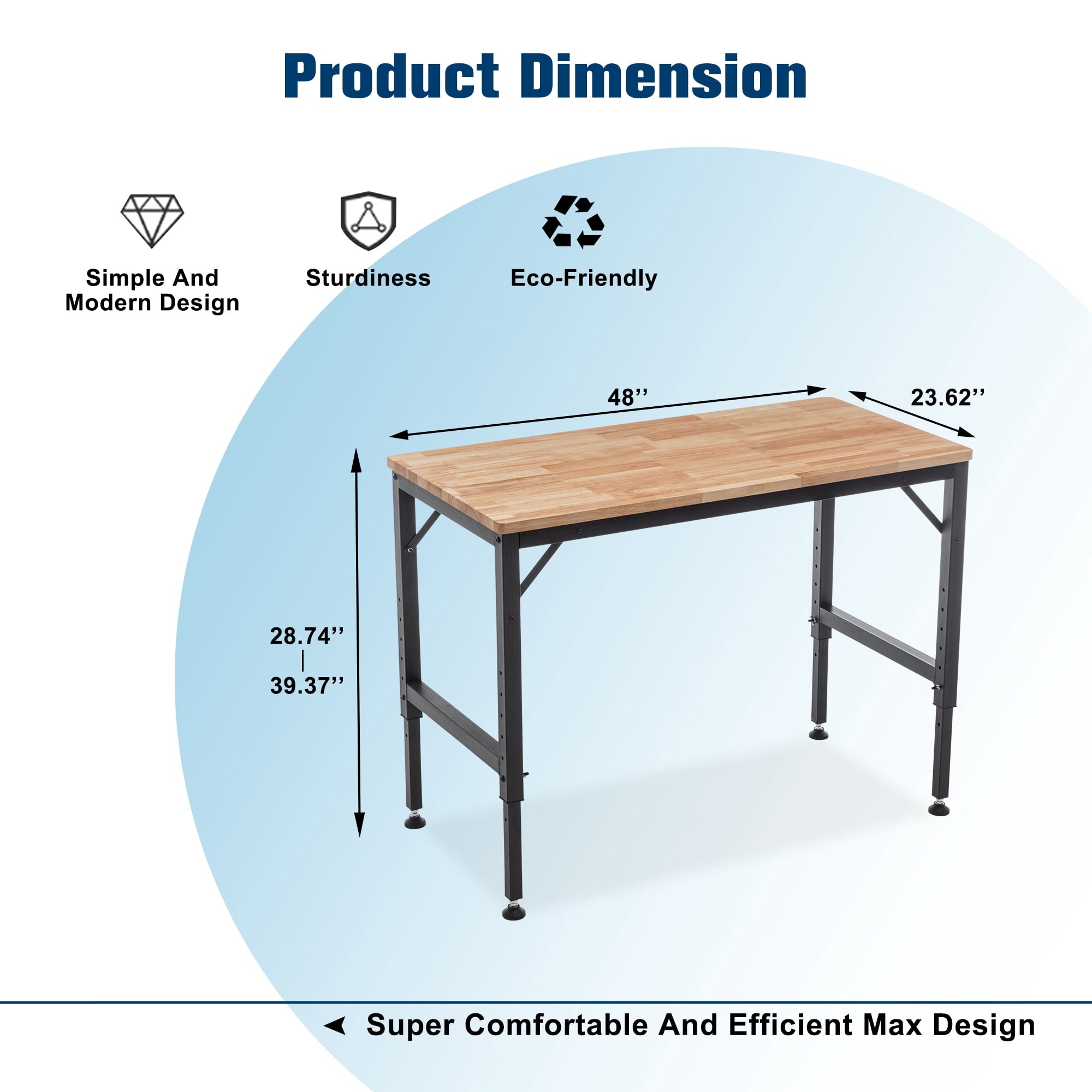 Black Metal & Wood 48 in Heavy-Duty Adjustable Workbench for Garage - 2000+ Lbs Capacity