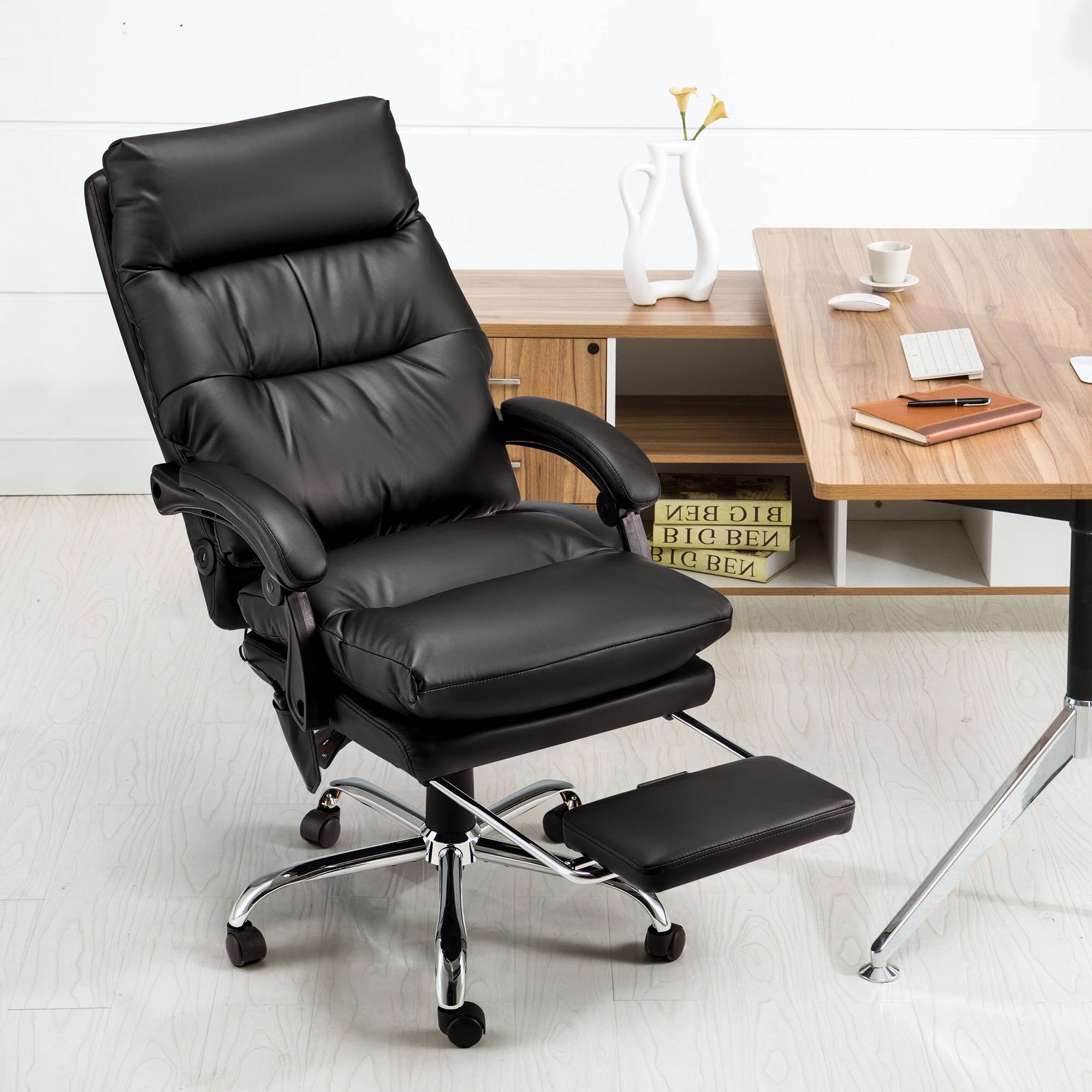 HOMREST Ergonomic Office Chair with 6-Point Massage & Heating, Adjustable Executive Desk Chair with Retractable Footrest, PU Leather Home Office Desk Chair for Home & Office (Black)