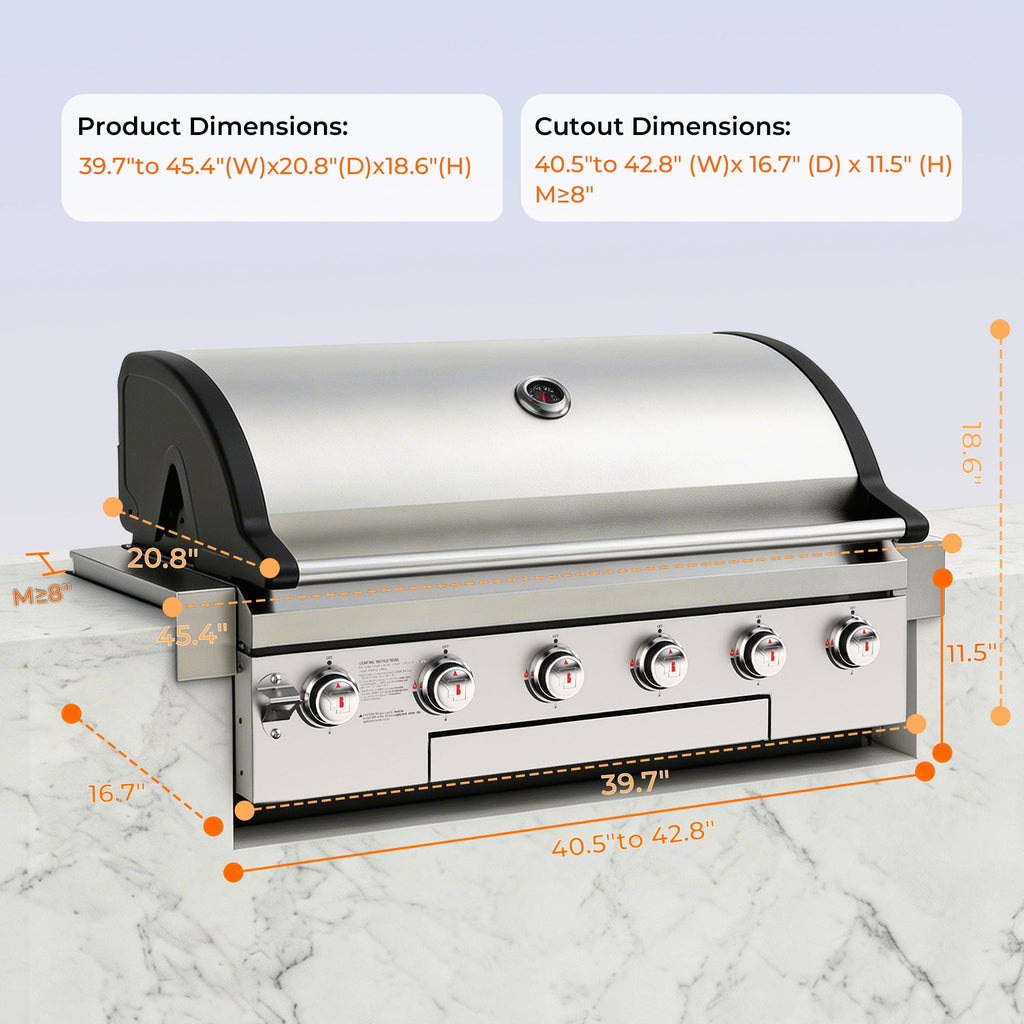 4 Burners Built-In Gas Grill, 40,000 BTU Outdoor Kitchen Grill with 653.2 Sq.in Cooking Area, LPG/NG, Perfect for Backyard BBQs