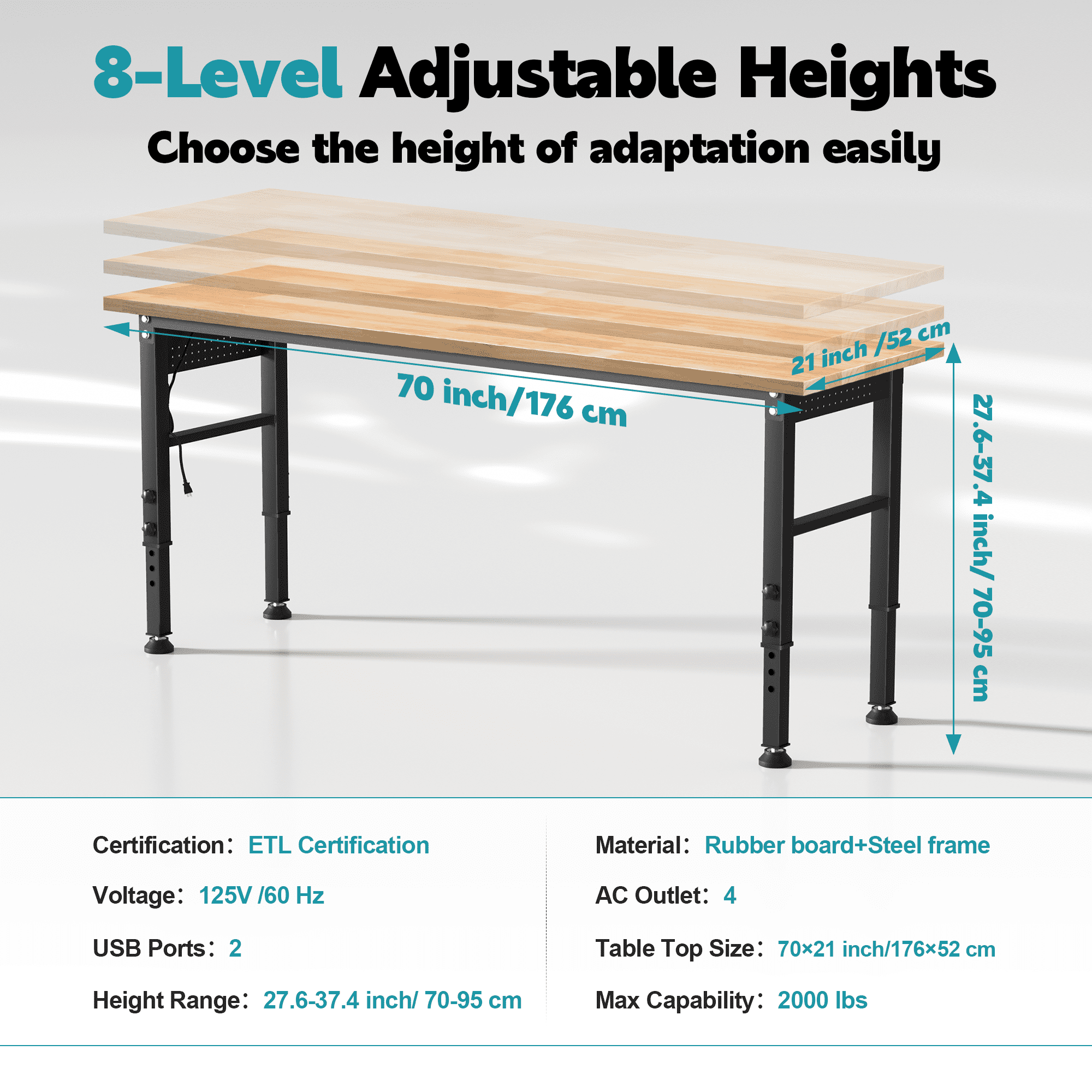 AHB 70 Adjustable Height Workbench with Power Outlets and Pegboard, 2000 lbs Heavy Duty Rubber Wood Top Work Table for Garage, Workshop, Office and Home