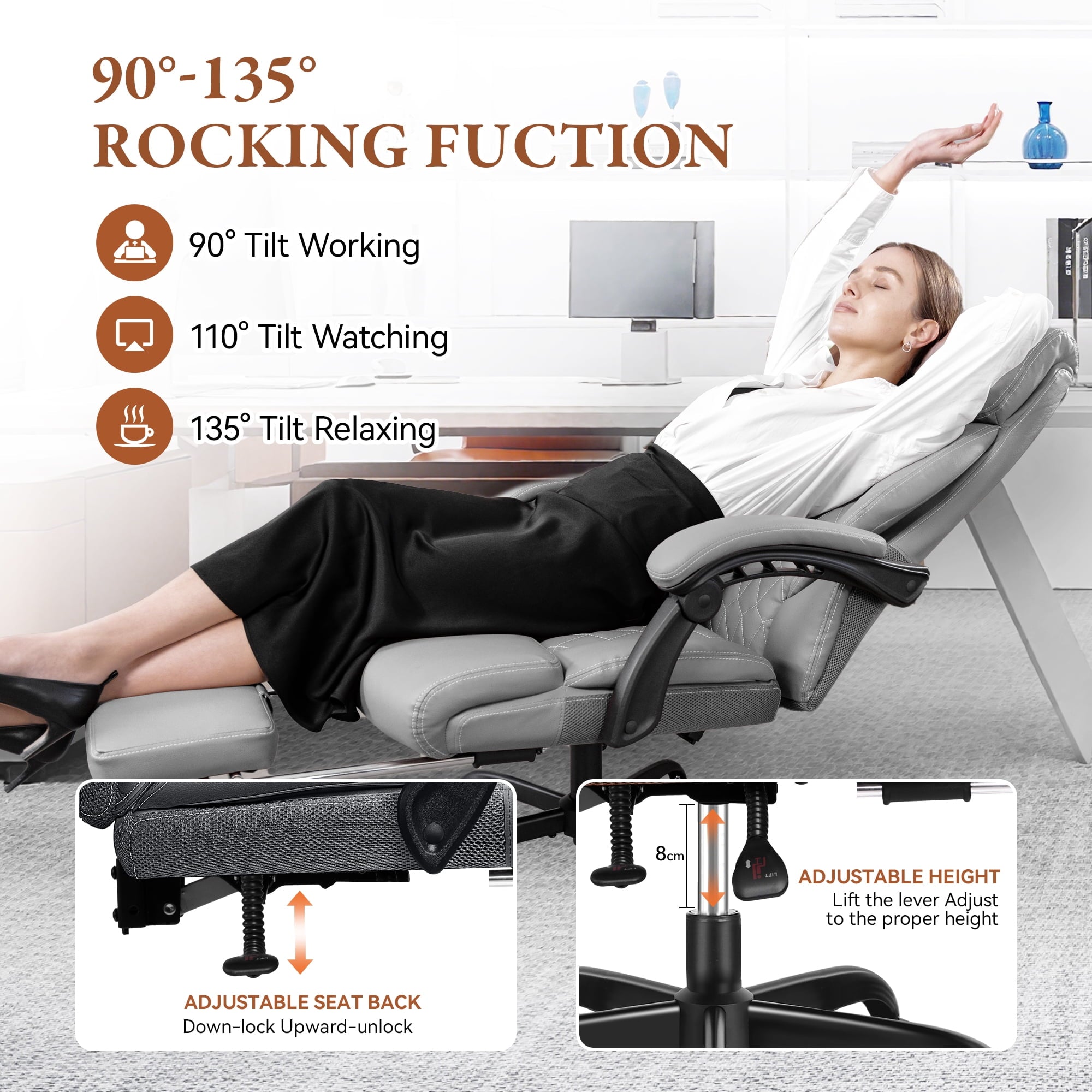 FASTES Executive Office Chair, Ergonomic Desk Chair with Adjustable Armrests, Computer Leather Chair Big and Tall Office Chair with Footrest and Lumbar Support, Brown