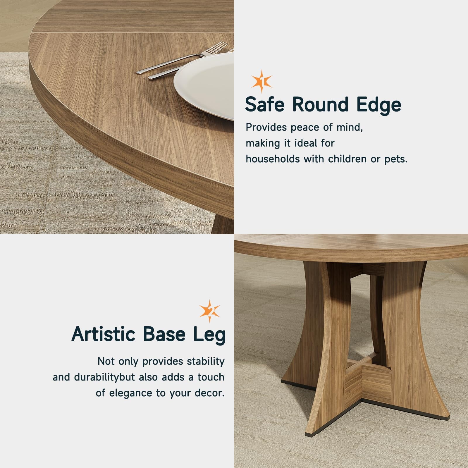 MARNUR Round Dining Table for 4 Persons 47 Kitchen Table for Dining Room Kitchen, Walnut (Only Table)