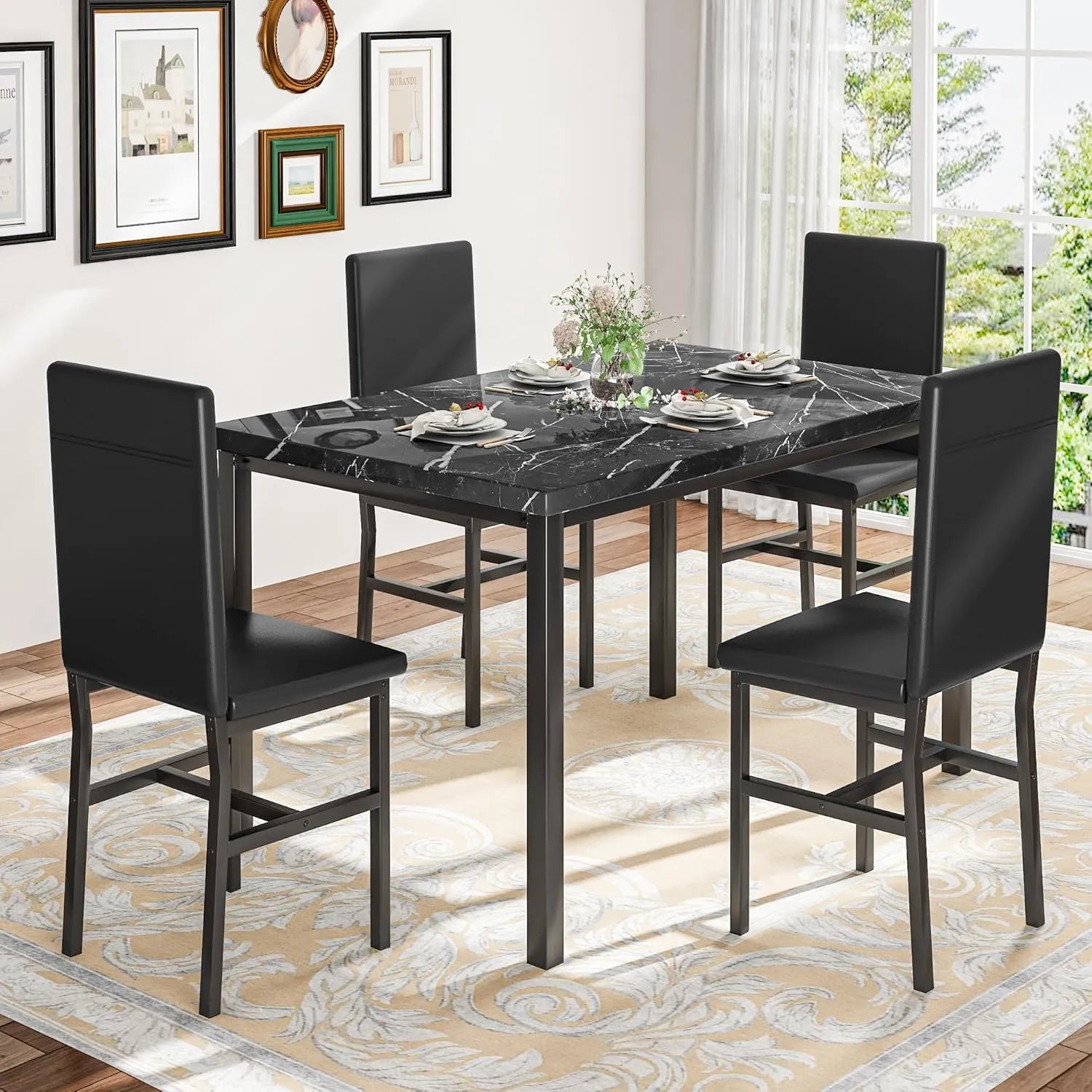 MOOSENG Dining Table Set for 4, Faux Marble Kitchen Table and Chairs Set of 4, 5-Piece Dining Room Set with PU Leather Upholstered Chairs for Small Space, Gray