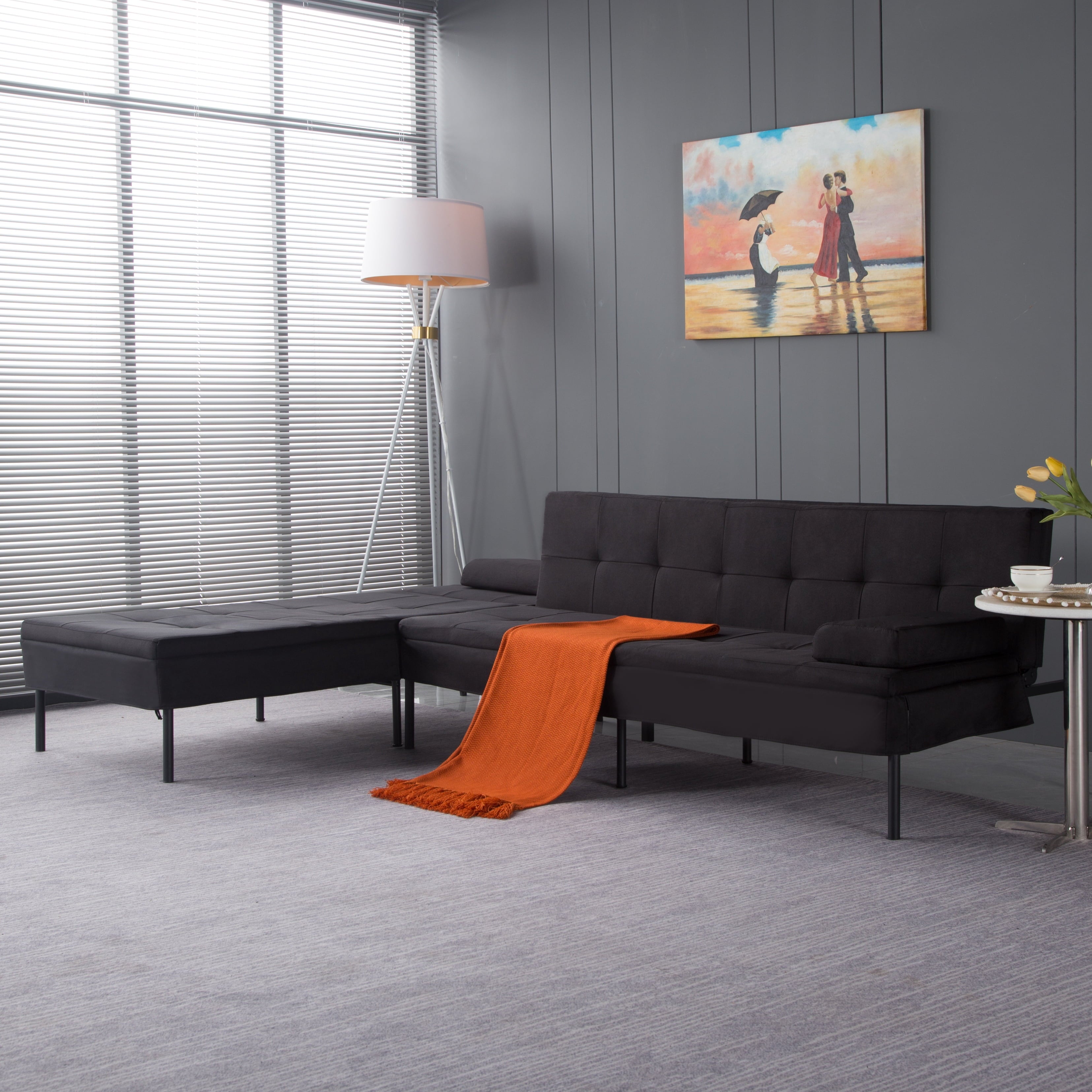 Gewnee 89.4”Convertible Sectional Sofa,L-Shaped Couch with Reversible Chaise,5-Position Adjustable Backrest,Modern Futon Sleeper for Small Spaces Living Room Apartment Office,Black Iron Frame