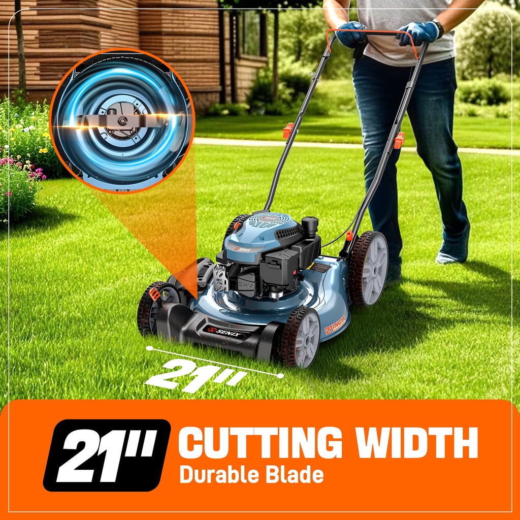 SENIX Gas Lawn mower, 20in Cutting Blade 21in Cutting Deck, 144cc 4-Cycle Engine, Steel Deck with Side Discharge, LSPG-L4