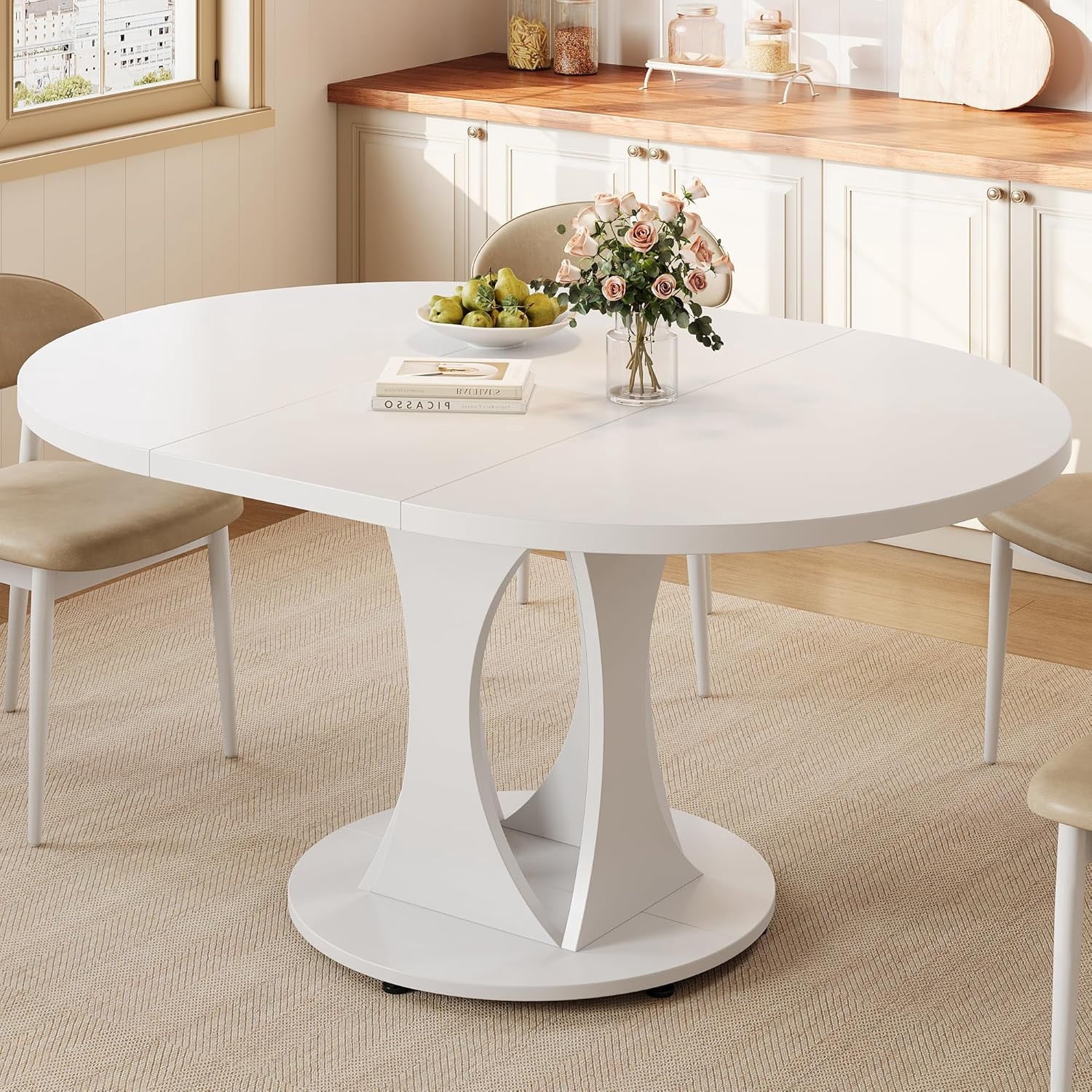 Virans 43.3-59 Extendable Round Dining Table for 6-8,Kitchen Table with MDF,Modern Dinner Table for Dining Rooms,Living Rooms,Walnut