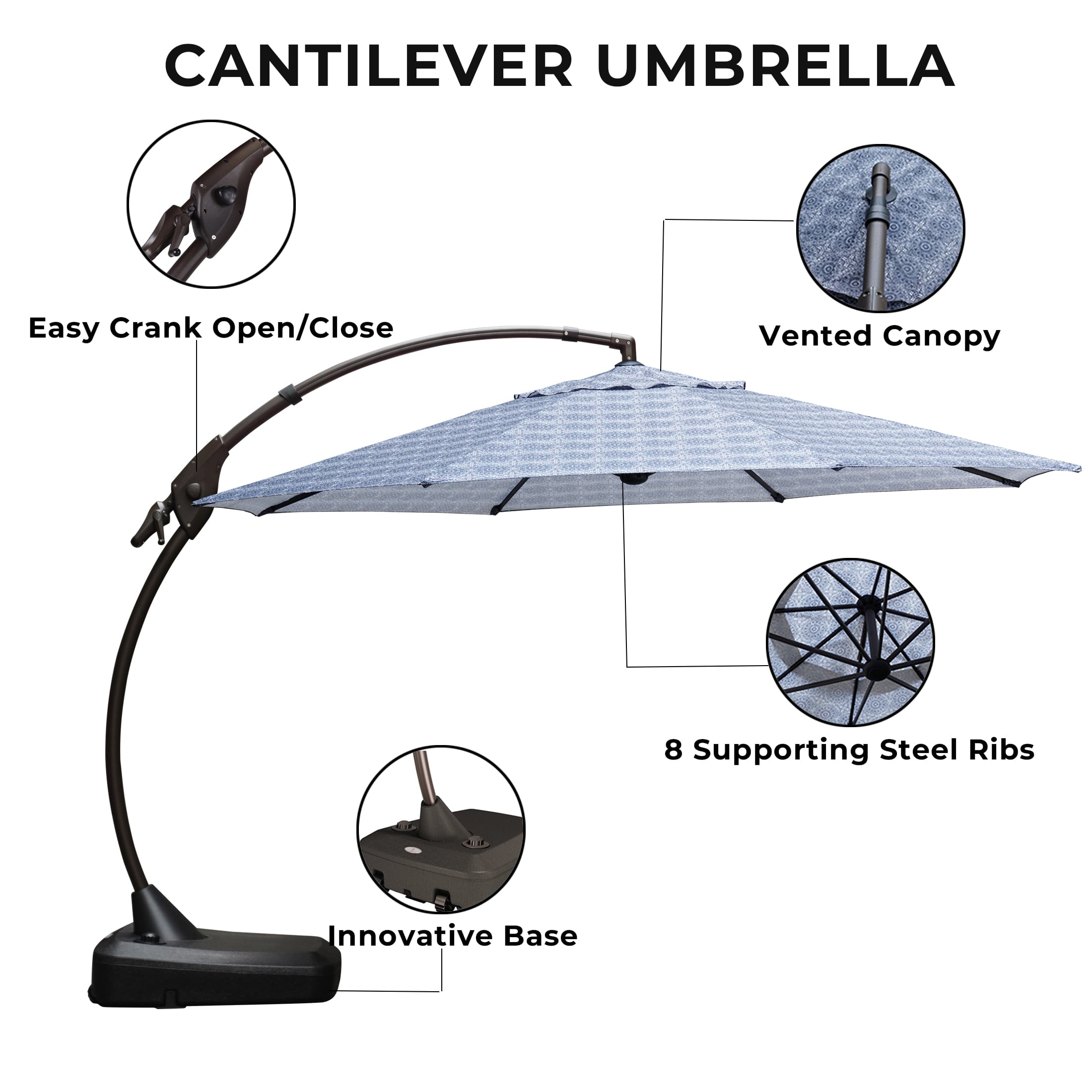 GRANDPATIO 12 ft Deluxe Aluminium Patio Umbrella with Base, Large Offset Outdoor Umbrella, Navy Blue