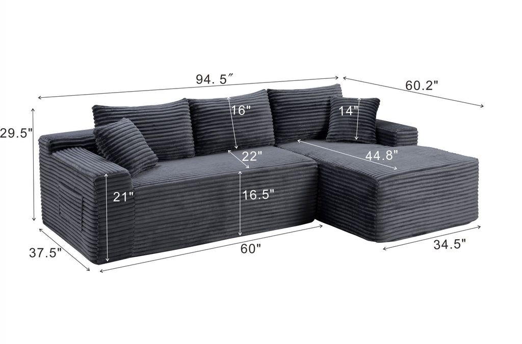 LLappuil 108 Sectional Sofa, Modular Sectional Couch with Left Chaise, Deep Seat Corduroy Cloud Sofa for Living Room Black