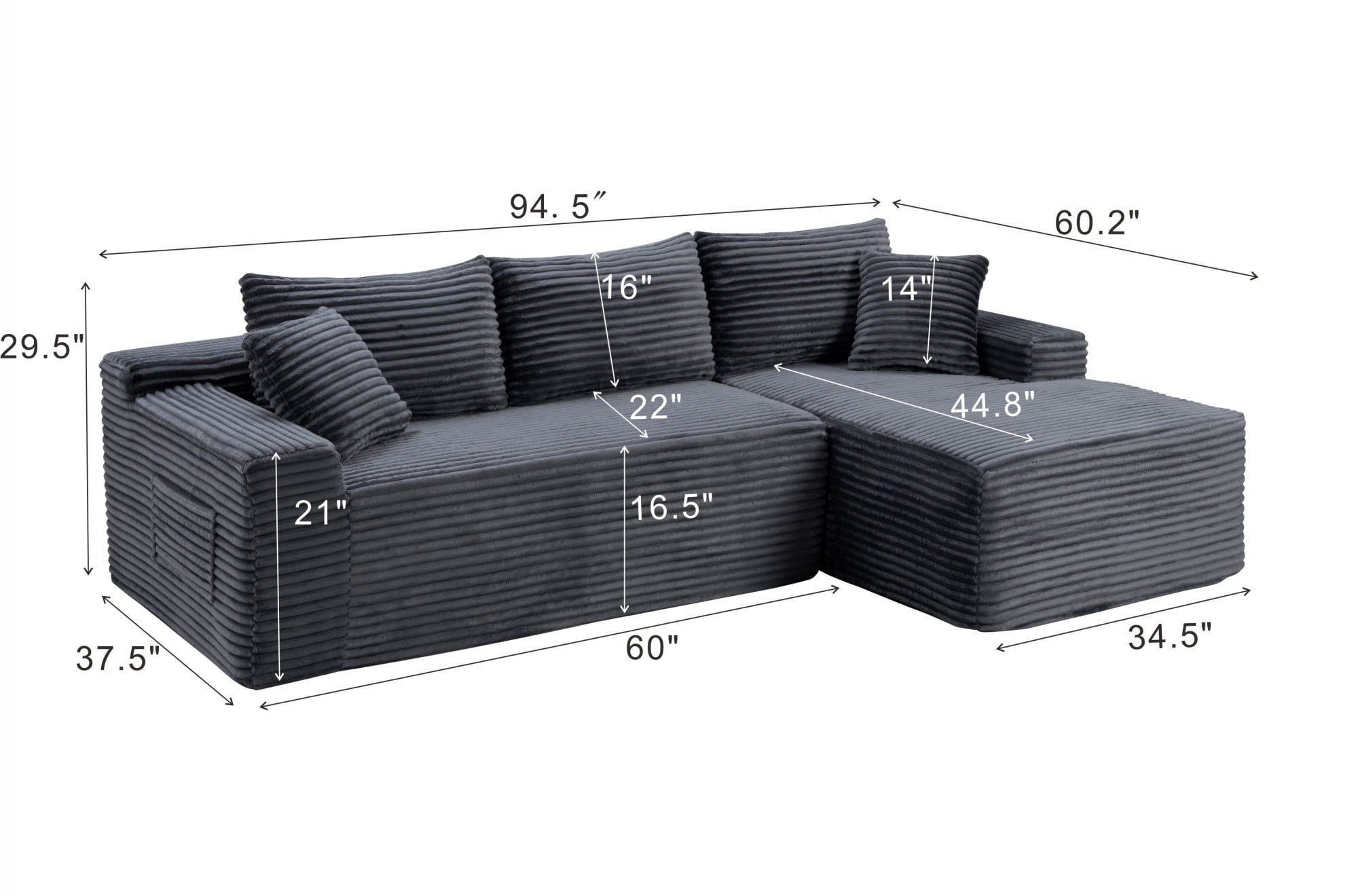 LLappuil 108 Sectional Sofa, Modular Sectional Couch with Left Chaise, Deep Seat Corduroy Cloud Sofa for Living Room Black