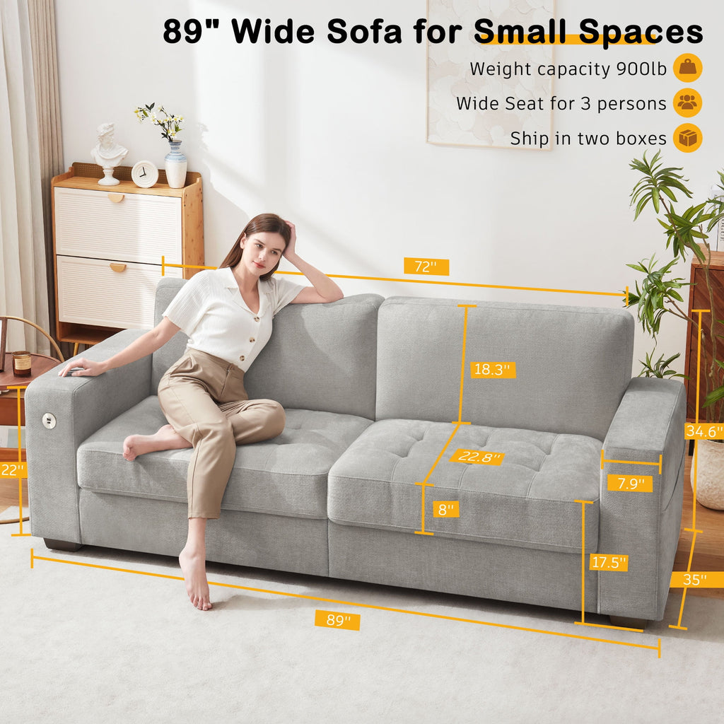 Bedluxury 89 Deep Sofa Couch with USB/Type-C Charging, Storage Pocket & Wide Armrest, Removable Cover, Seats 3 Adults, Chenille Beige