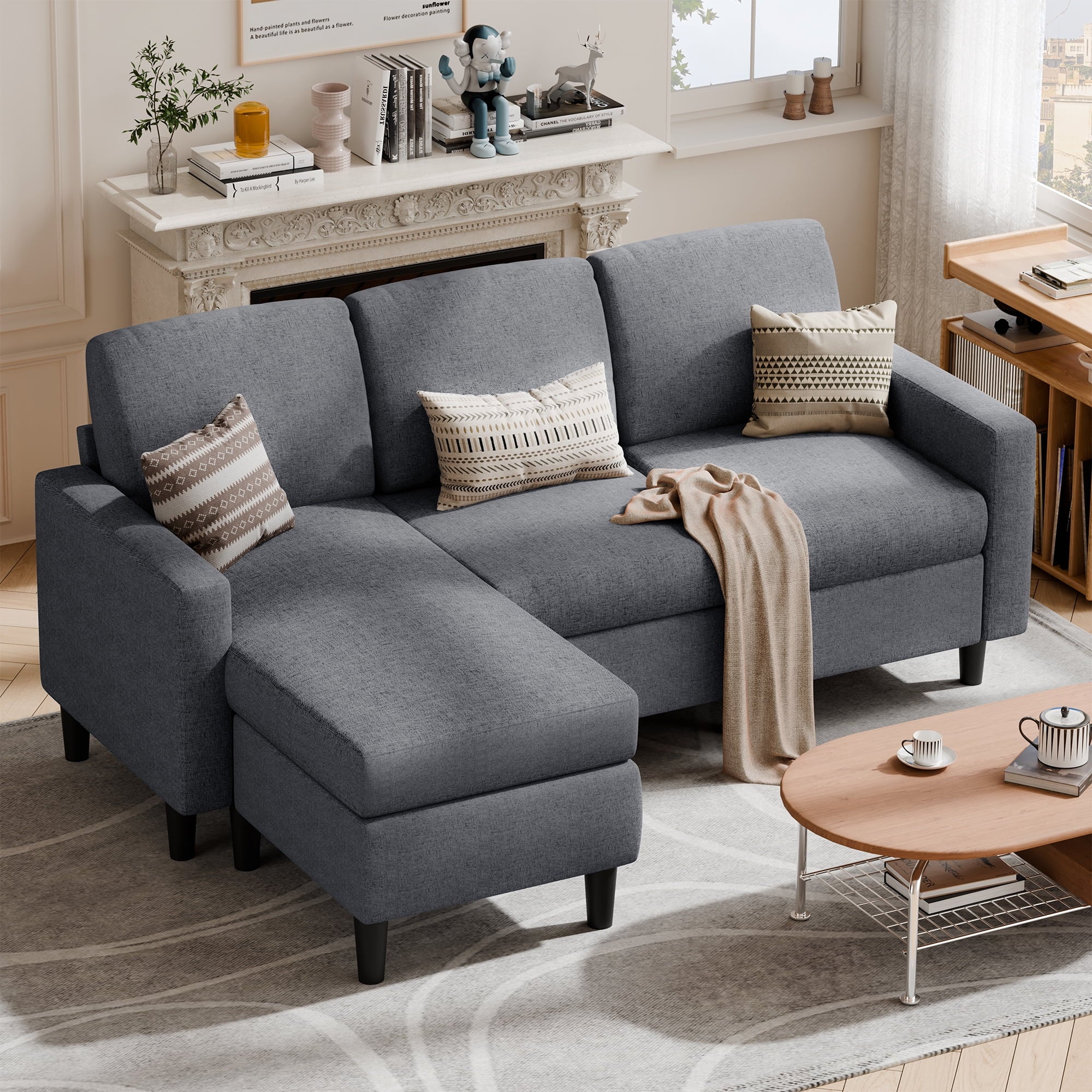 Walsunny 73.6 Convertible Sectional Sofa Couch, L-Shaped 3-Seat Sofa Couch with Reversible Chaise for Small Space,Dark Gray
