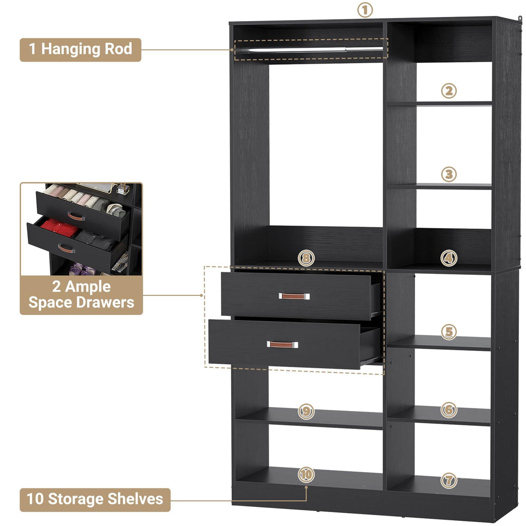 Homieasy 39.4'' W Closet System with Wooden Drawers and Hanging Rods, White
