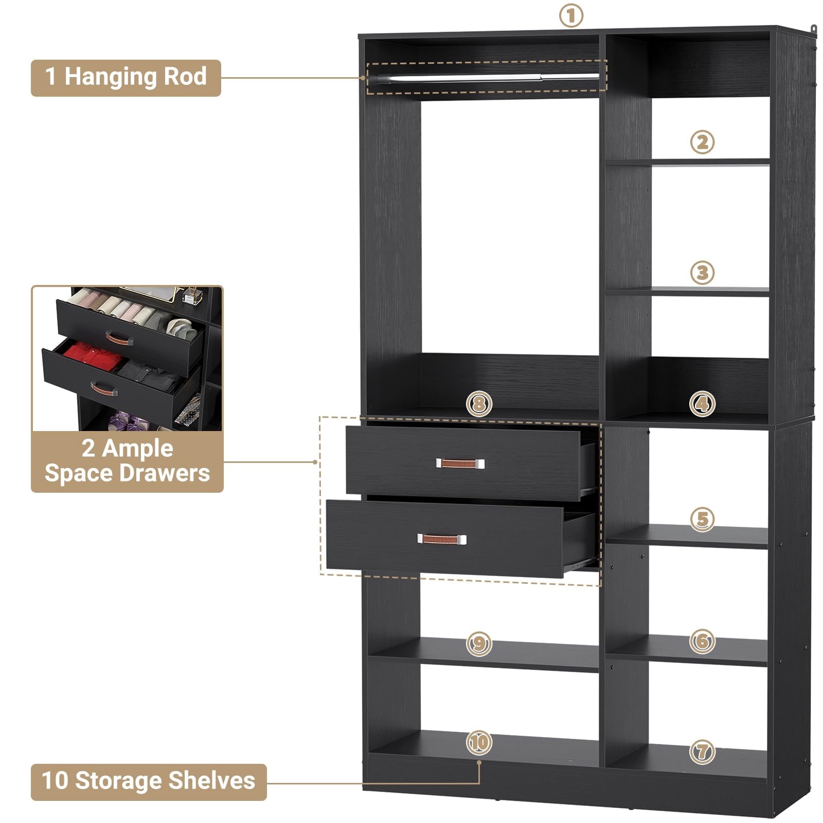 Homieasy 39.4'' W Closet System with Wooden Drawers and Hanging Rods, White